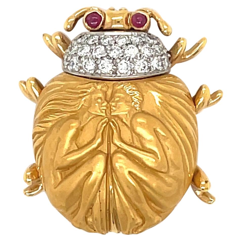 Carrera Y Carrera 18KT Yellow Gold .38Ct Diamond Scarab Brooch with .06Ct Rubies For Sale