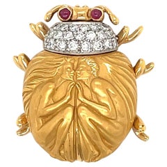 Vintage Carrera Y Carrera 18KT Yellow Gold .38Ct Diamond Scarab Brooch with .06Ct Rubies