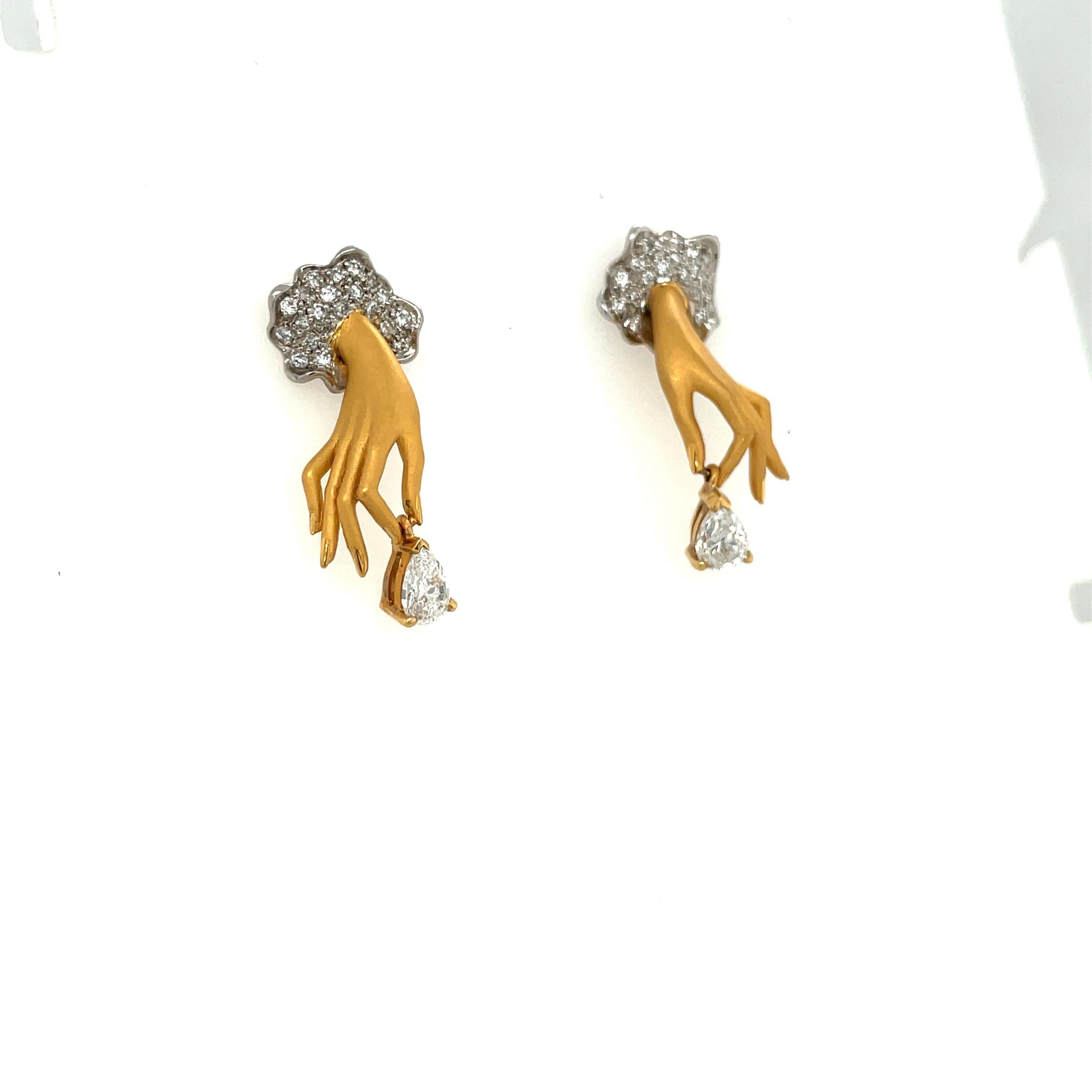 Art Nouveau Carrera Y Carrera 18KT Yellow Gold .91Ct. Pear Shaped Diamond Hand Earrings For Sale