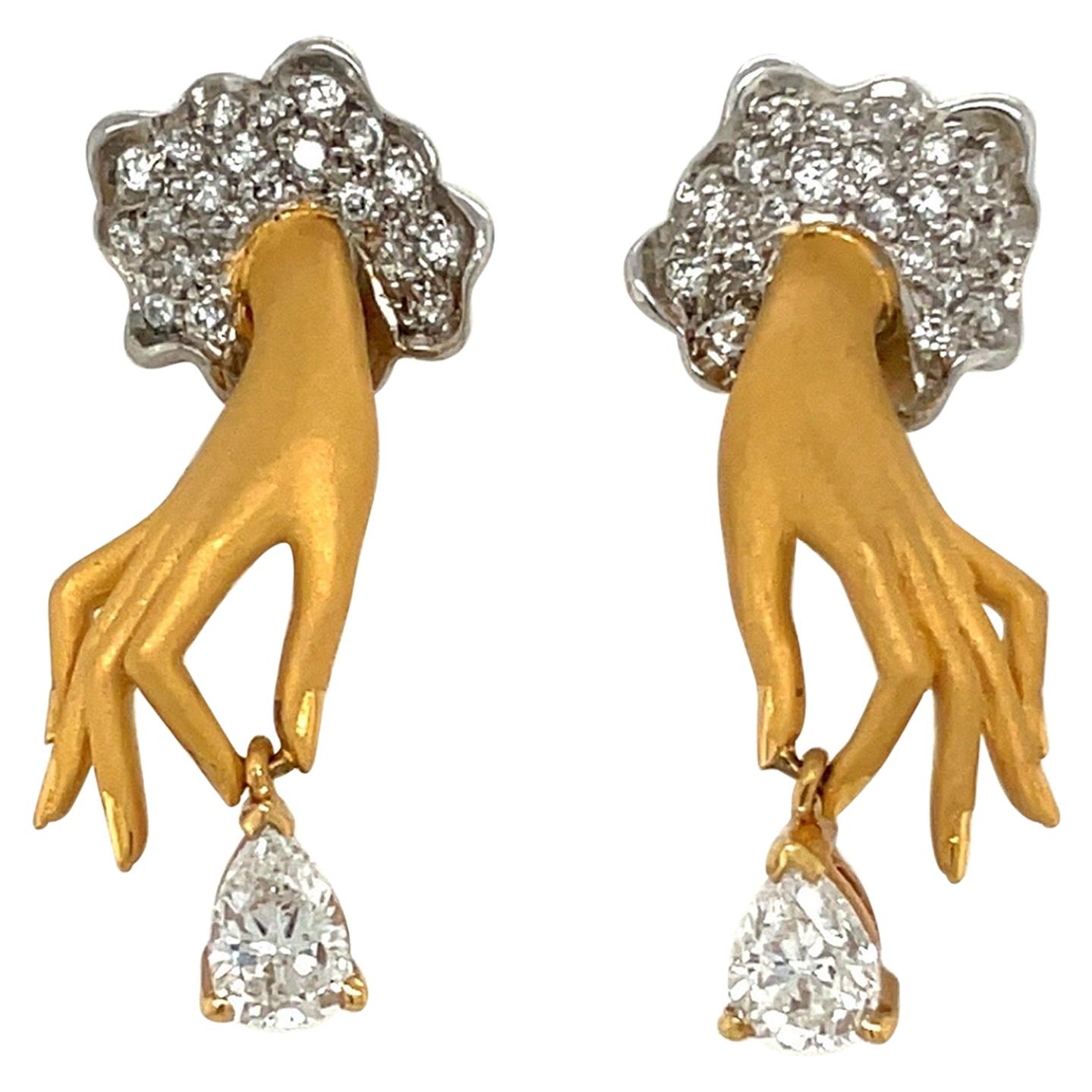 Carrera Y Carrera 18KT Yellow Gold .91Ct. Pear Shaped Diamond Hand Earrings For Sale