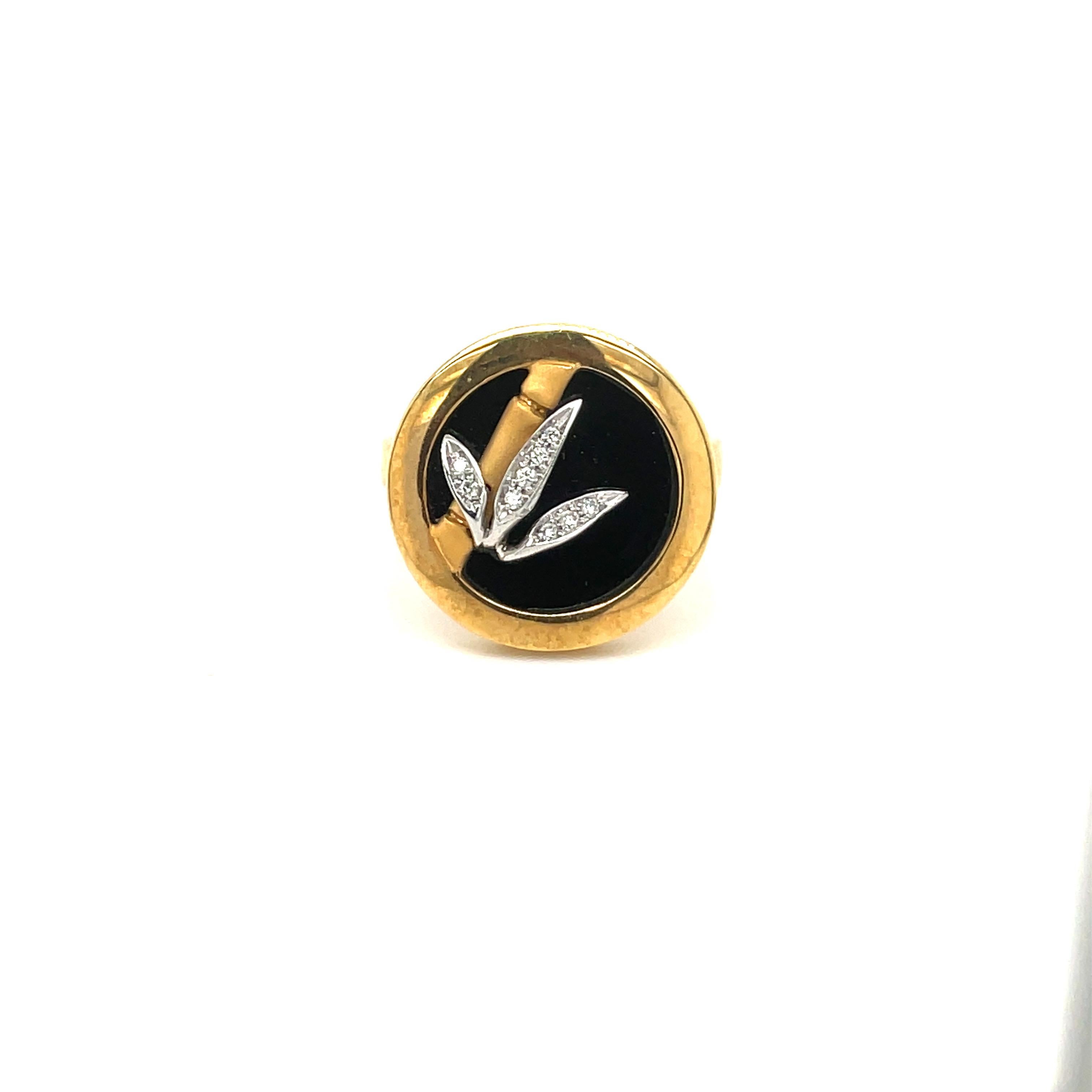 Carrera Y Carrera 18KT Gelbgold Bambusblatt-Ring mit Diamant &amp; Onyx (Rundschliff) im Angebot