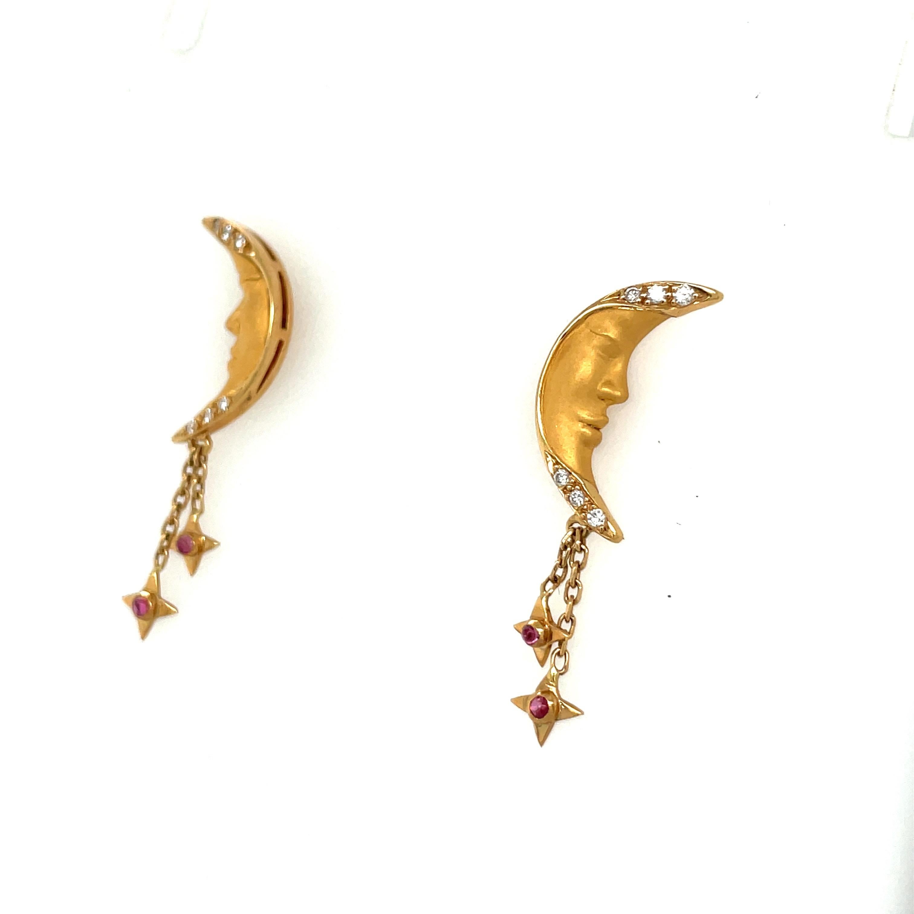 Cabochon Carrera Y Carrera 18KT Yellow Gold Crescent Moon Earrings with Diamond & Ruby