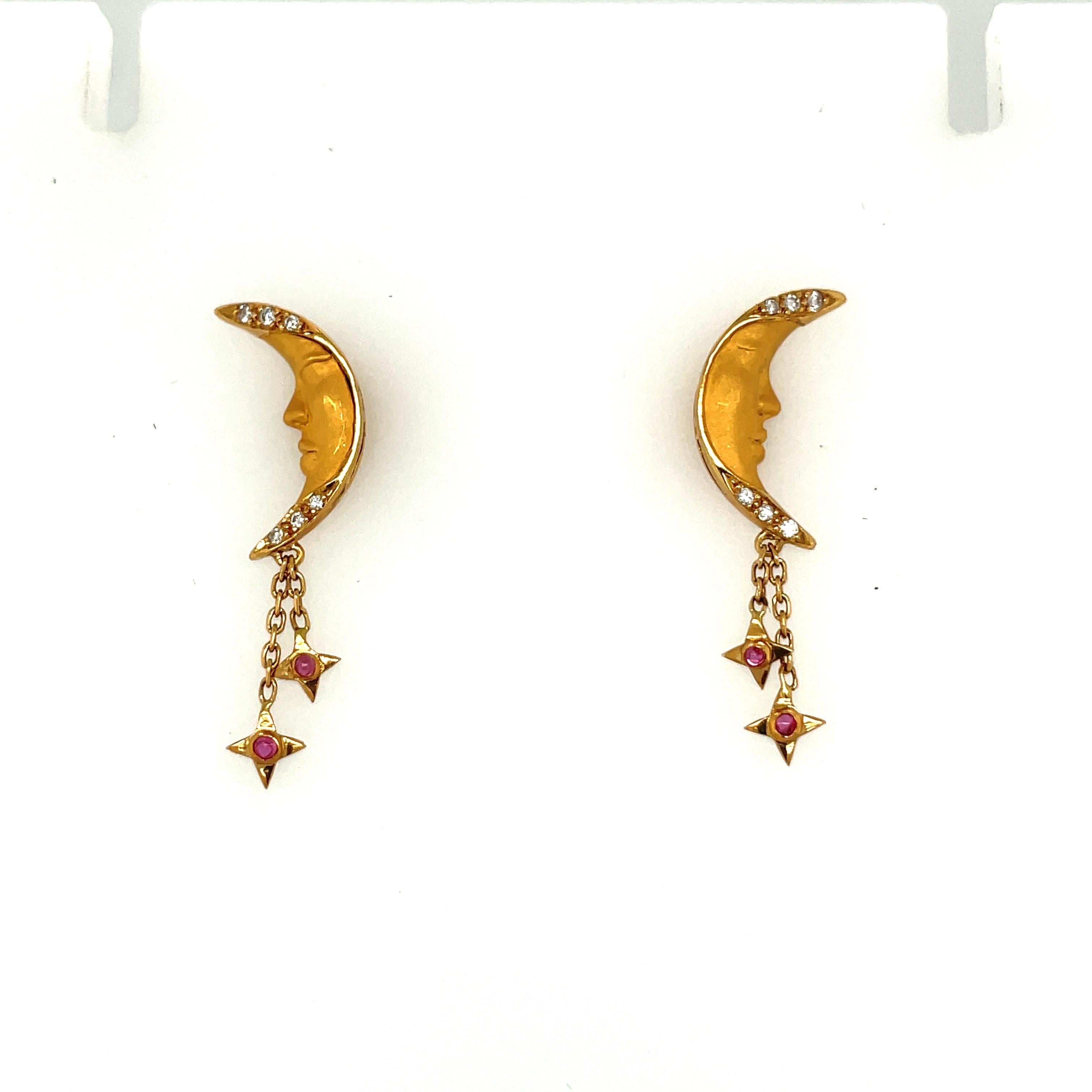 Carrera Y Carrera 18KT Yellow Gold Crescent Moon Earrings with Diamond & Ruby 1