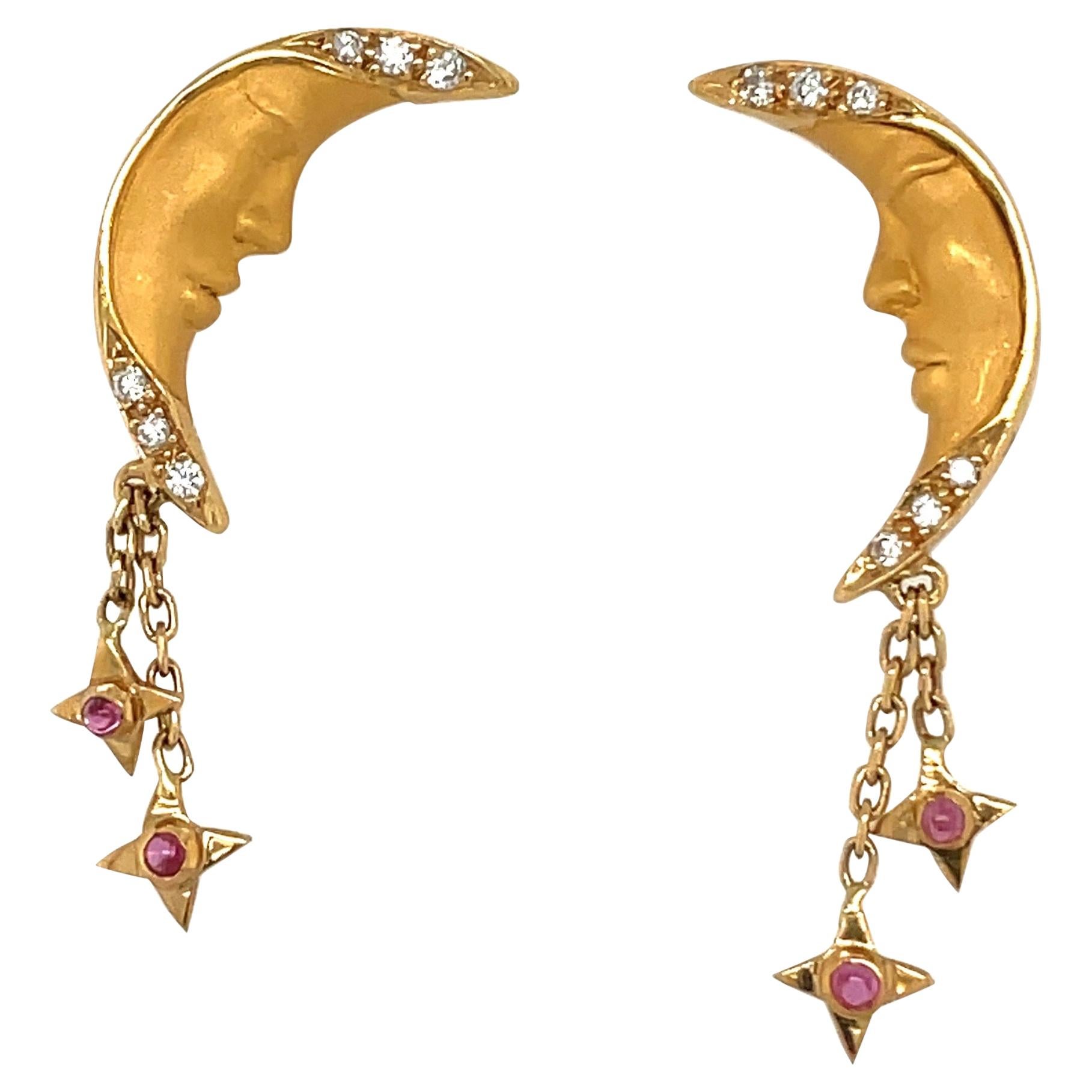 Carrera Y Carrera 18KT Yellow Gold Crescent Moon Earrings with Diamond & Ruby