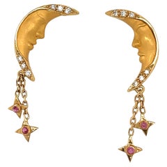 Carrera Y Carrera 18KT Yellow Gold Crescent Moon Earrings with Diamond & Ruby