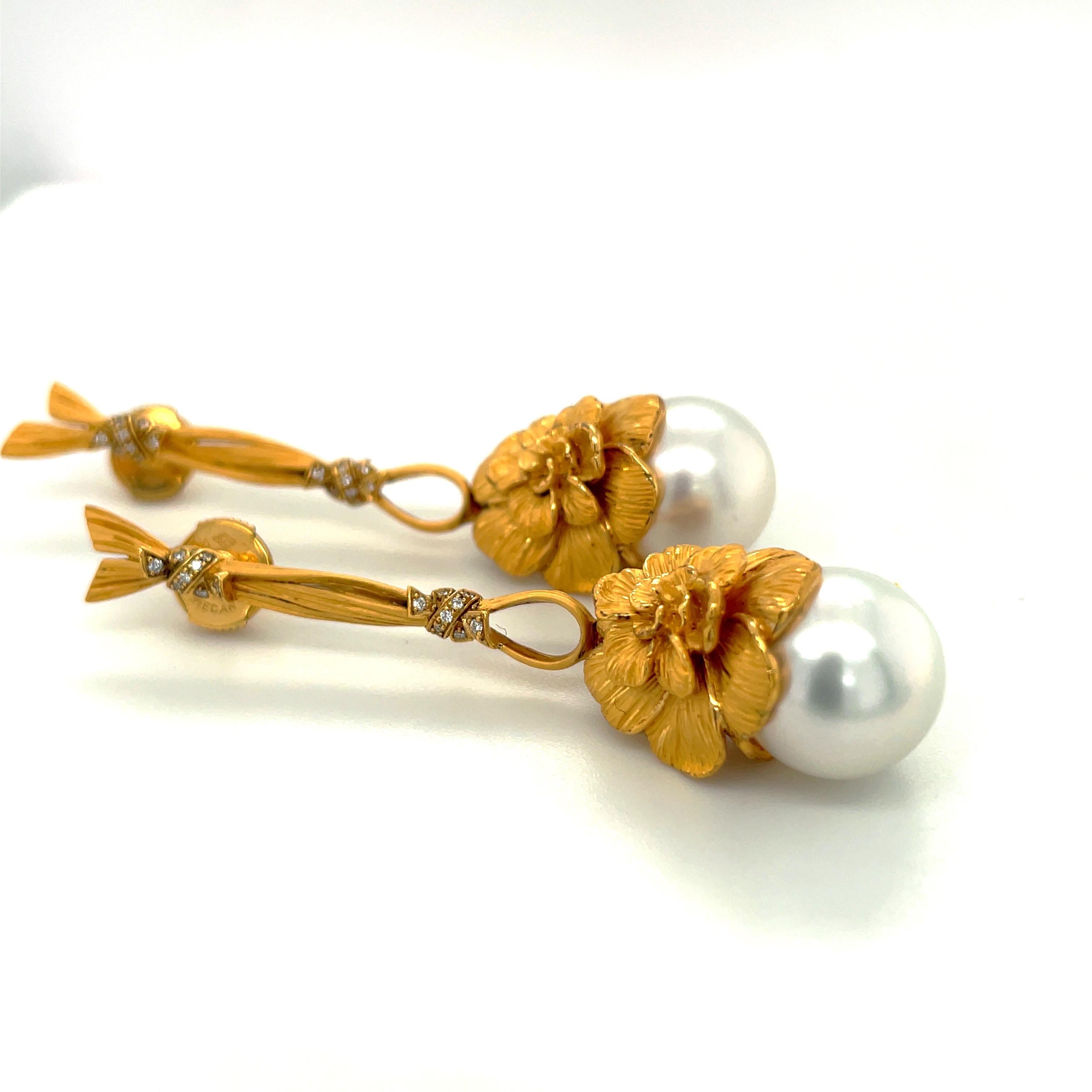 Round Cut Carrera y Carrera 18kt Yellow Gold Gardenia Earrings with South Sea Pearls For Sale