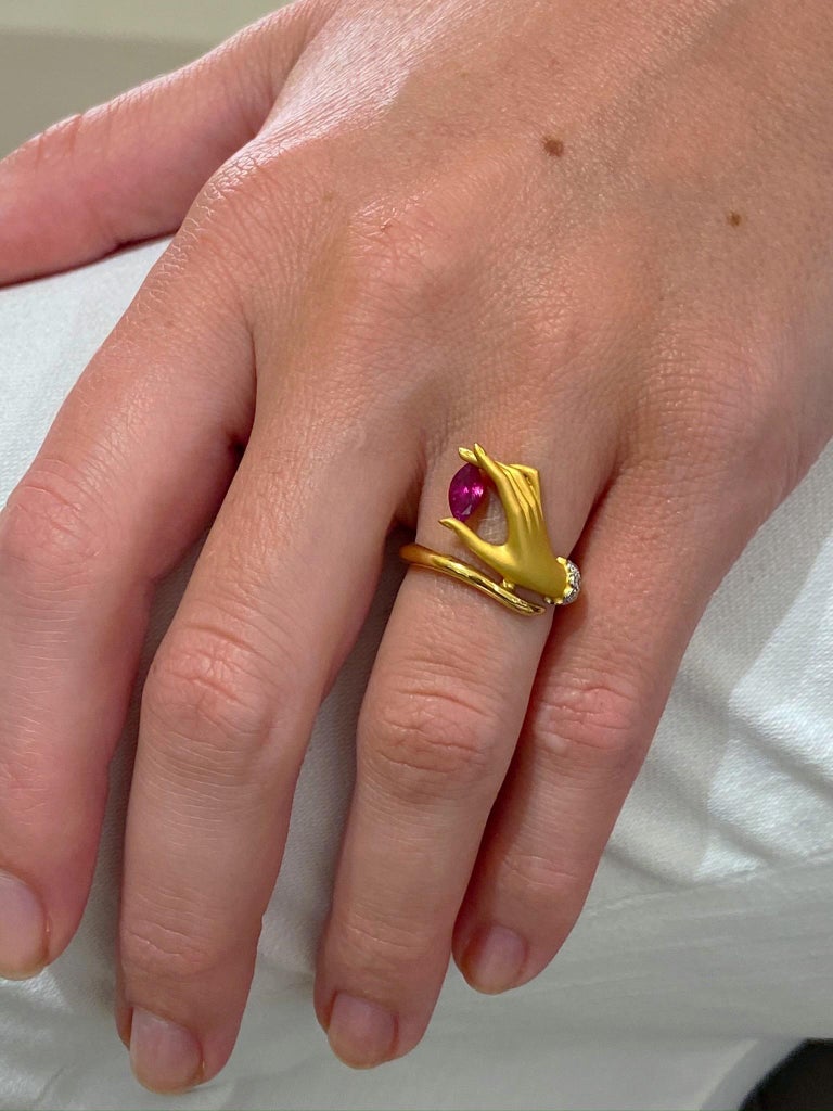 Carrera Y Carrera 18 Karat Yellow Gold Hand with Marquis Ruby Ring at  1stDibs