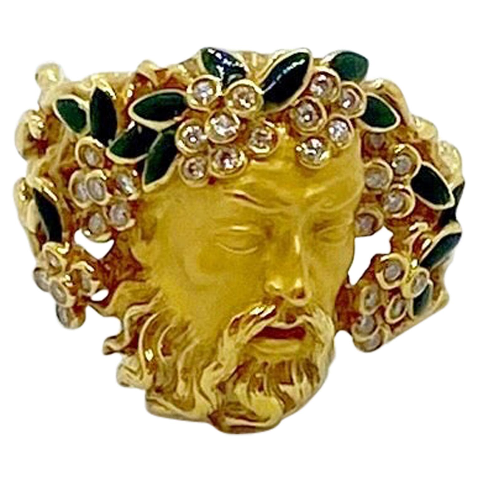 Carrera y Carrera 18kt Yellow Gold, Head of Bacchus Ring with Diamonds & Enamel