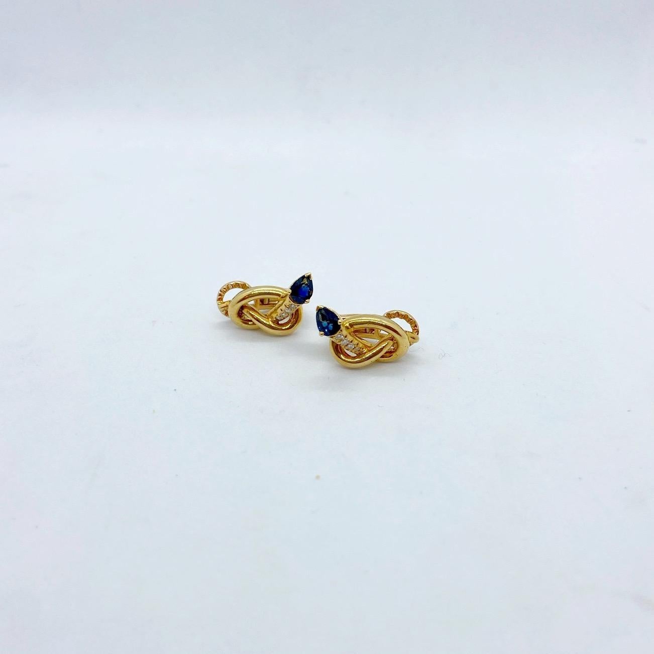 Pear Cut Carrera Y Carrera 18 Karat Gold Knot Earrings with Diamonds and Blue Sapphires For Sale