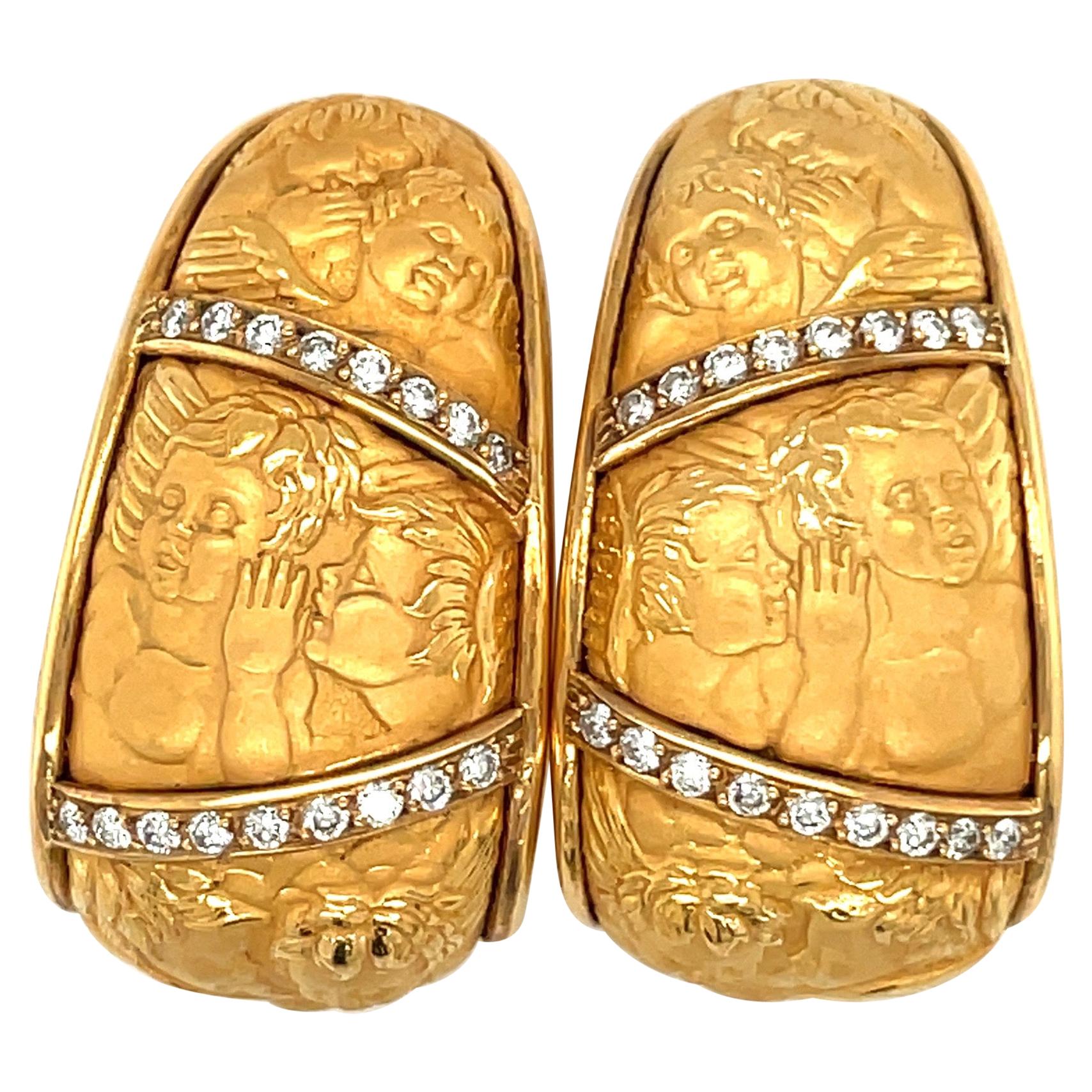 Carrera Y Carrera 18KT Yellow Gold "Mosaico Cherubs" Earrings .46Ct Diamonds For Sale