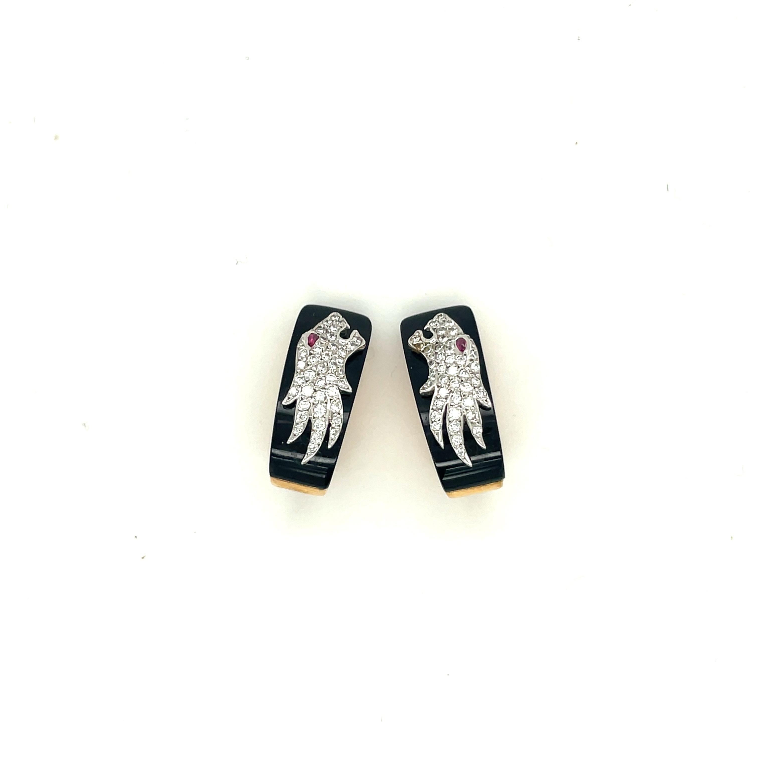 Women's or Men's Carrera Y Carrera 18KT Yellow Gold Onyx & Diamond .45CT Panther Earrings For Sale