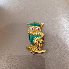 Carrera Y Carrera 18 Karat YG Owl Brooch with.42 Diamond, Malachite &.32 Ruby