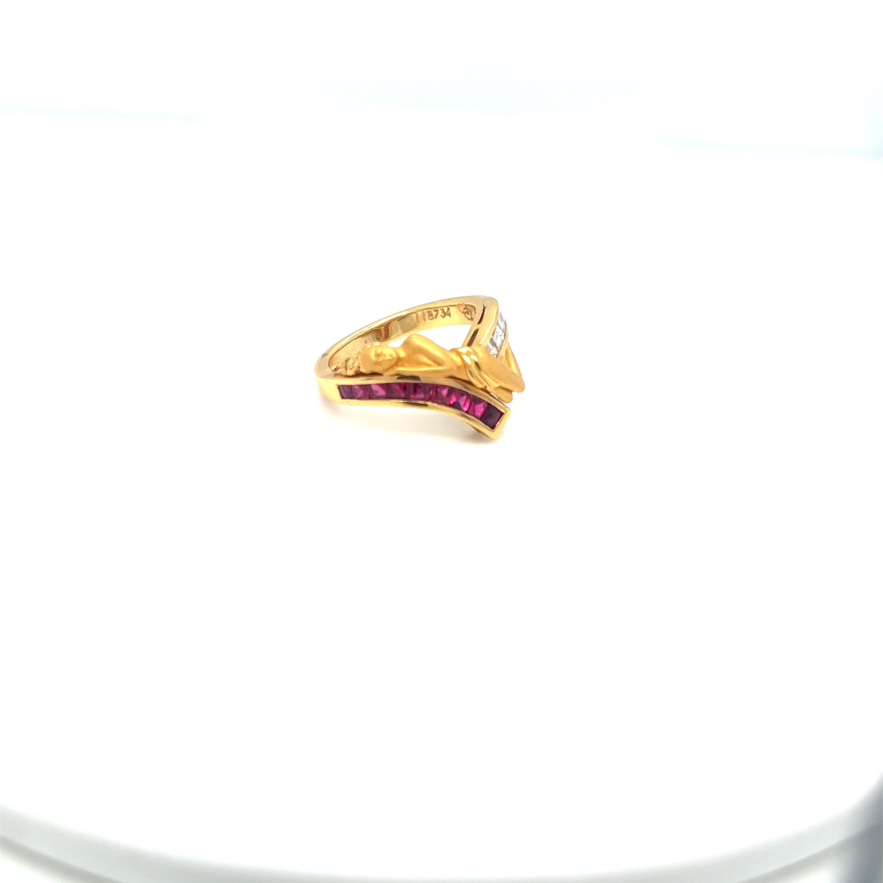 Art Nouveau Carrera Y Carrera 18KT Yellow Gold Reclining Nude Ring with Diamonds & Rubies For Sale