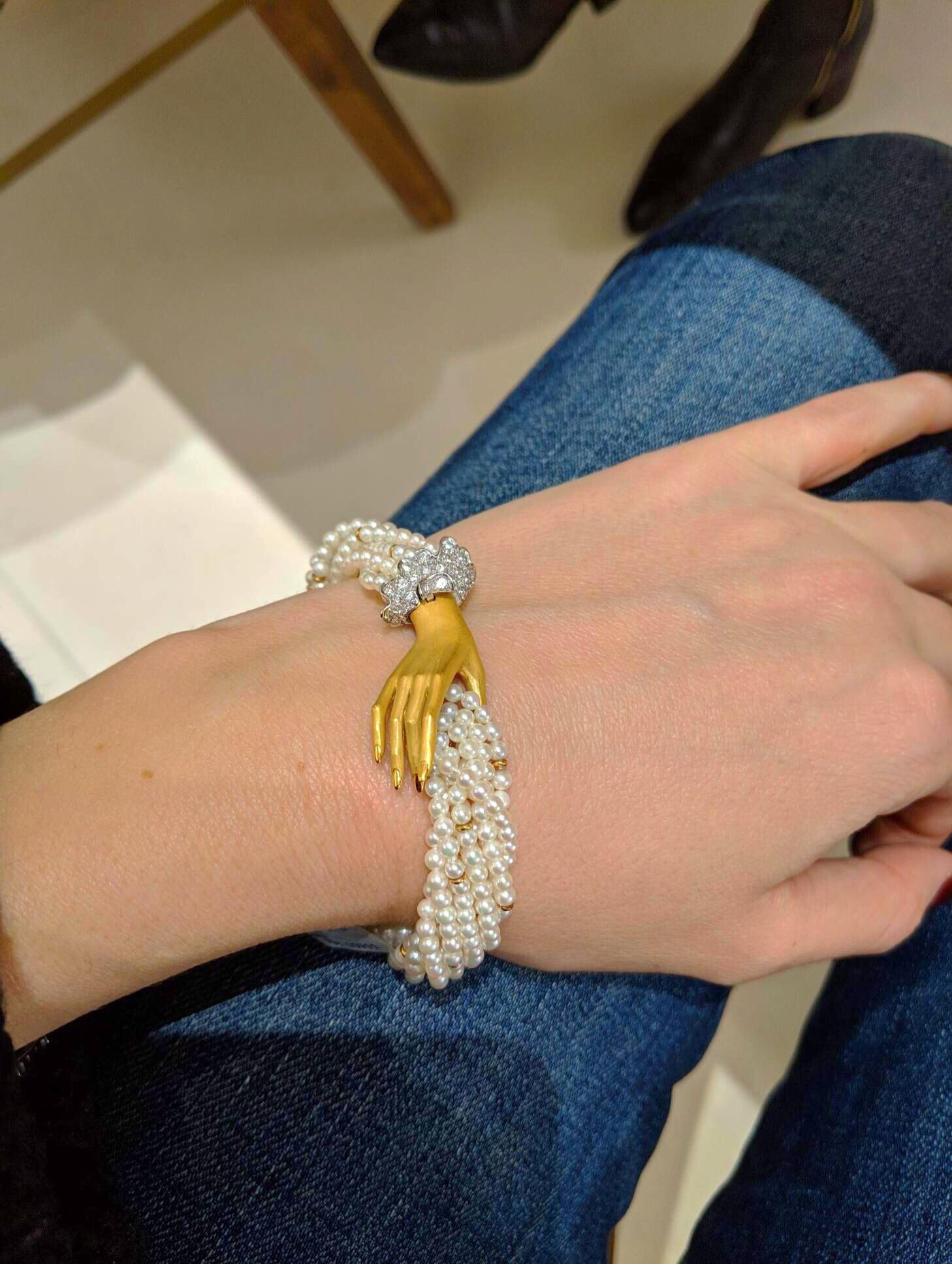 Art Nouveau Carrera y Carrera 18Kt Yellow Gold, Twisted Pearl Bracelet & .44ct Diamond Hand