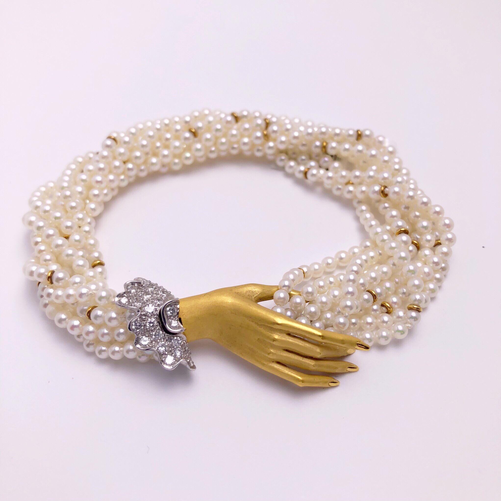 Carrera y Carrera 18Kt Yellow Gold, Twisted Pearl Bracelet & .44ct Diamond Hand In New Condition In New York, NY
