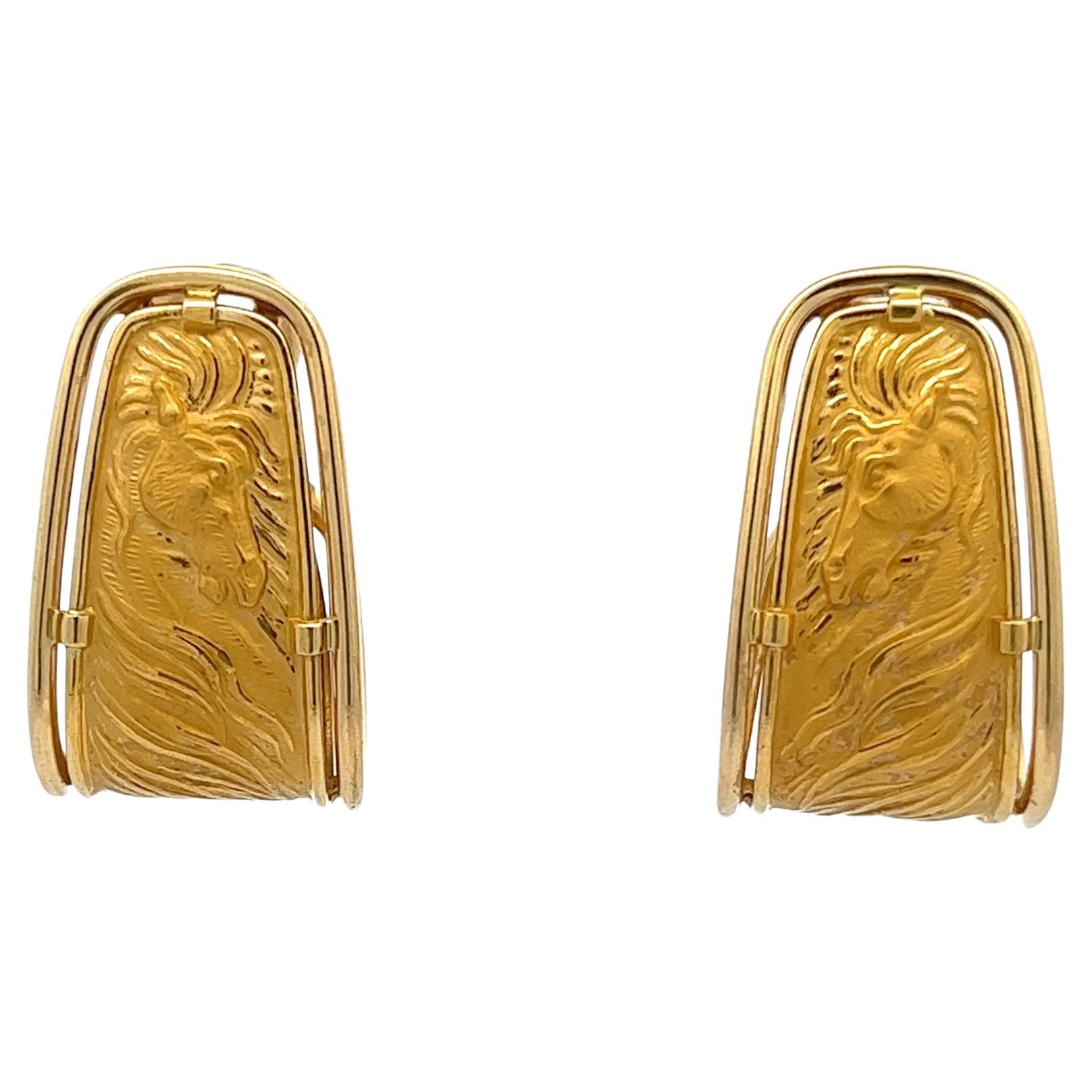 Carrara Y Carrara 1980s 18 Karat Yellow Gold Ecuestre Horse J Hoop Earrings