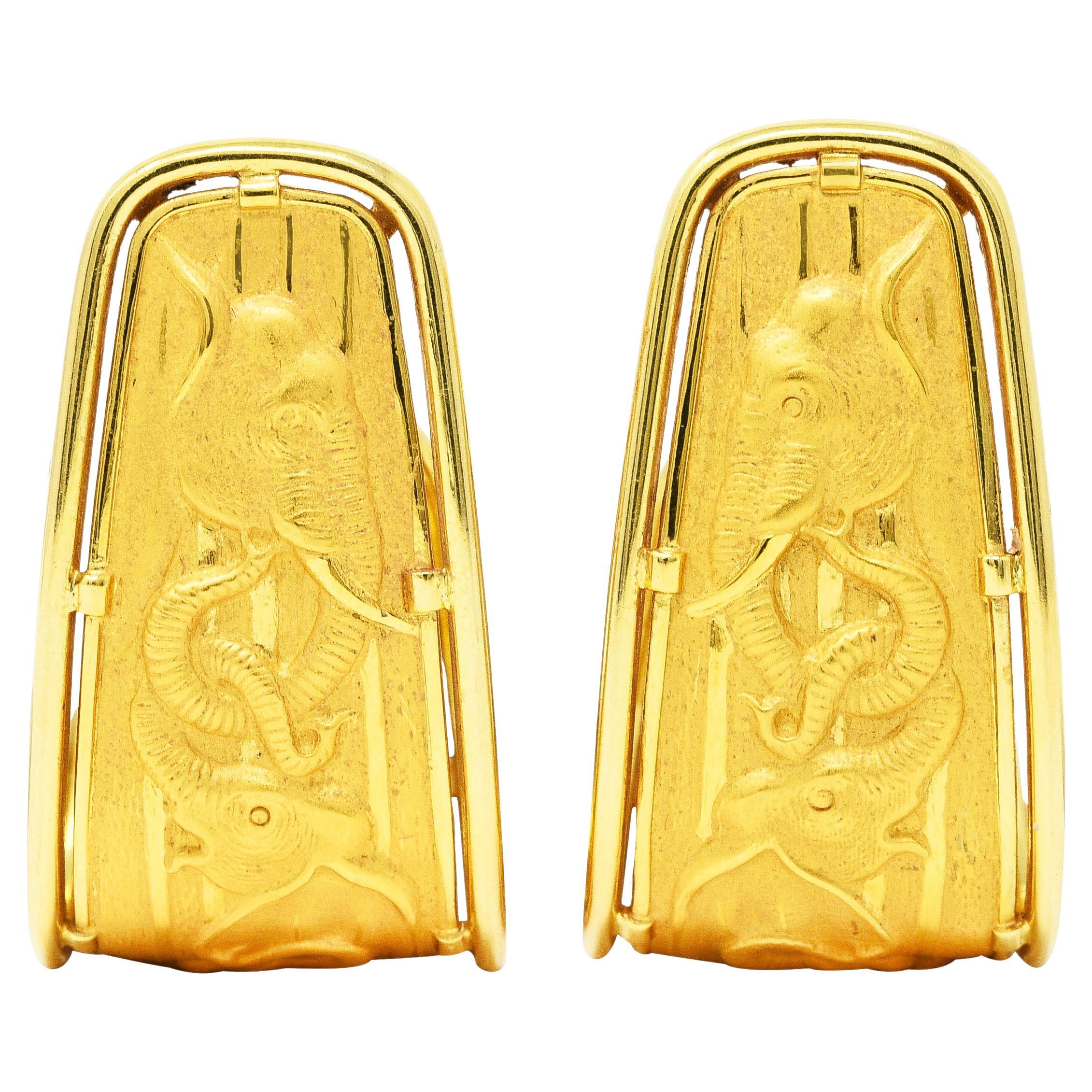 Carrera y Carrera 1980's 18 Karat Yellow Gold Elephant J-Hoop Vintage Earrings