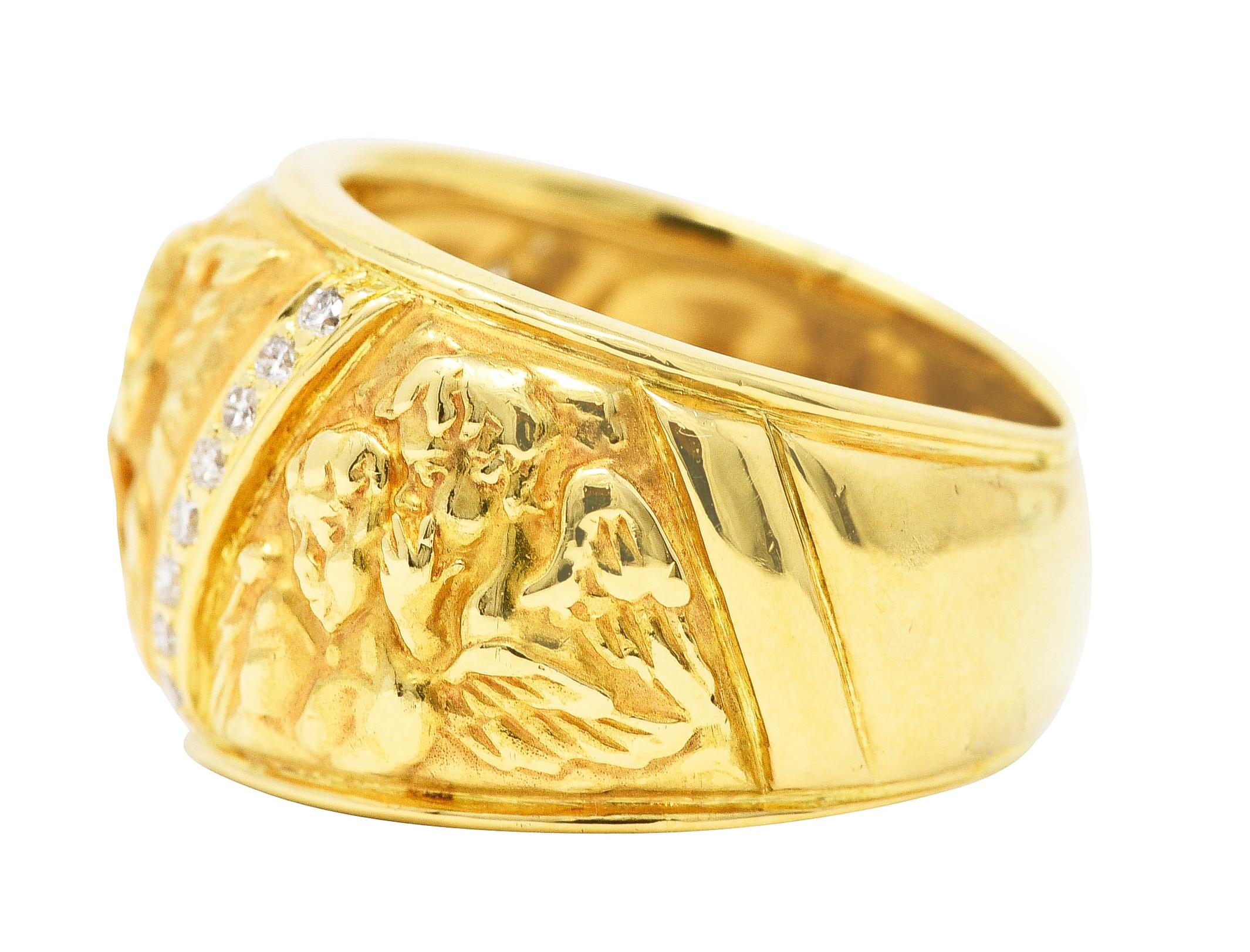 Brilliant Cut Carrera y Carrera 1990's 18 Karat Yellow Gold Repoussé Cherub Vintage Band Ring