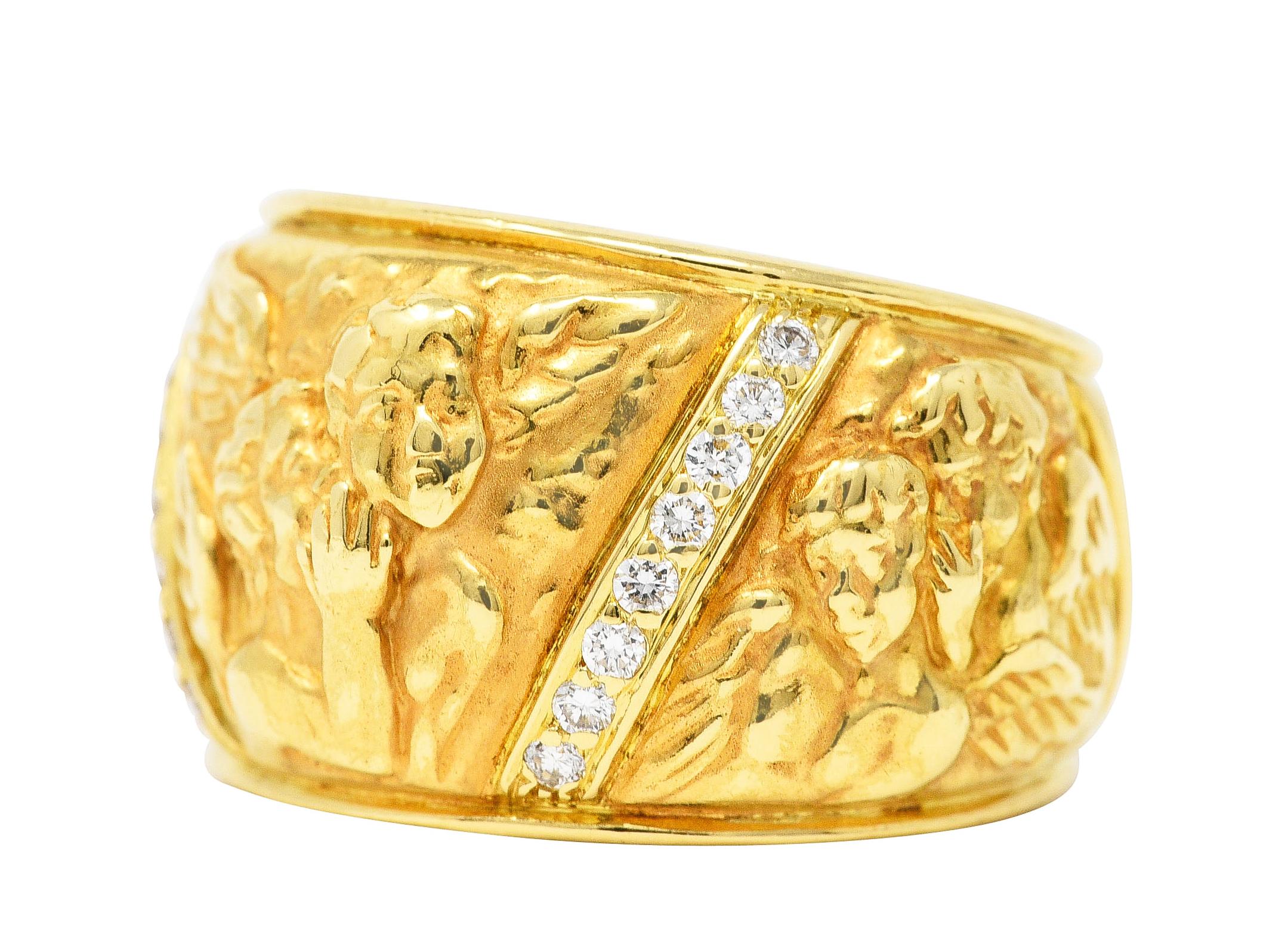 Carrera y Carrera 1990's 18 Karat Yellow Gold Repoussé Cherub Vintage Band Ring In Excellent Condition In Philadelphia, PA