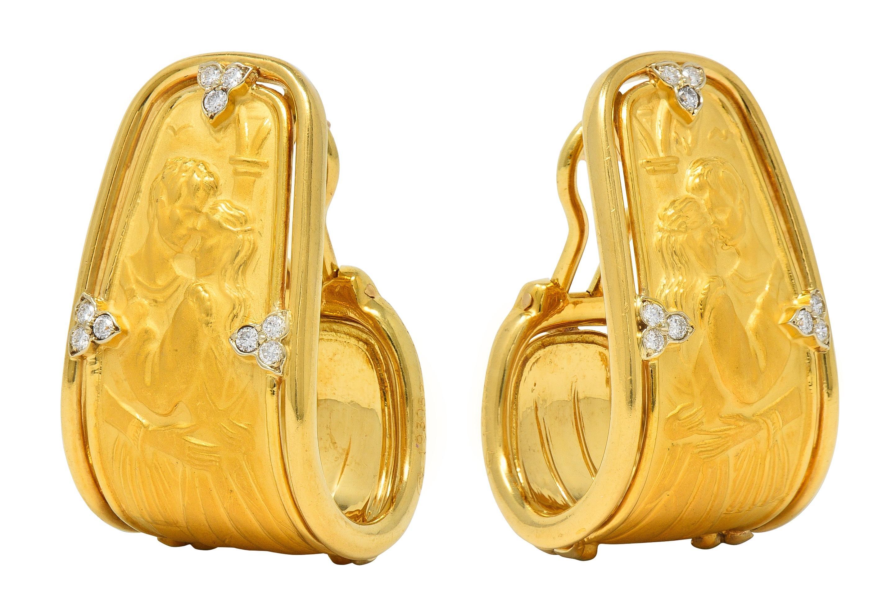 Modern Carrera y Carrera 1990's Diamond 18K Gold Romeo & Juliet J-Hoop Vintage Earrings For Sale