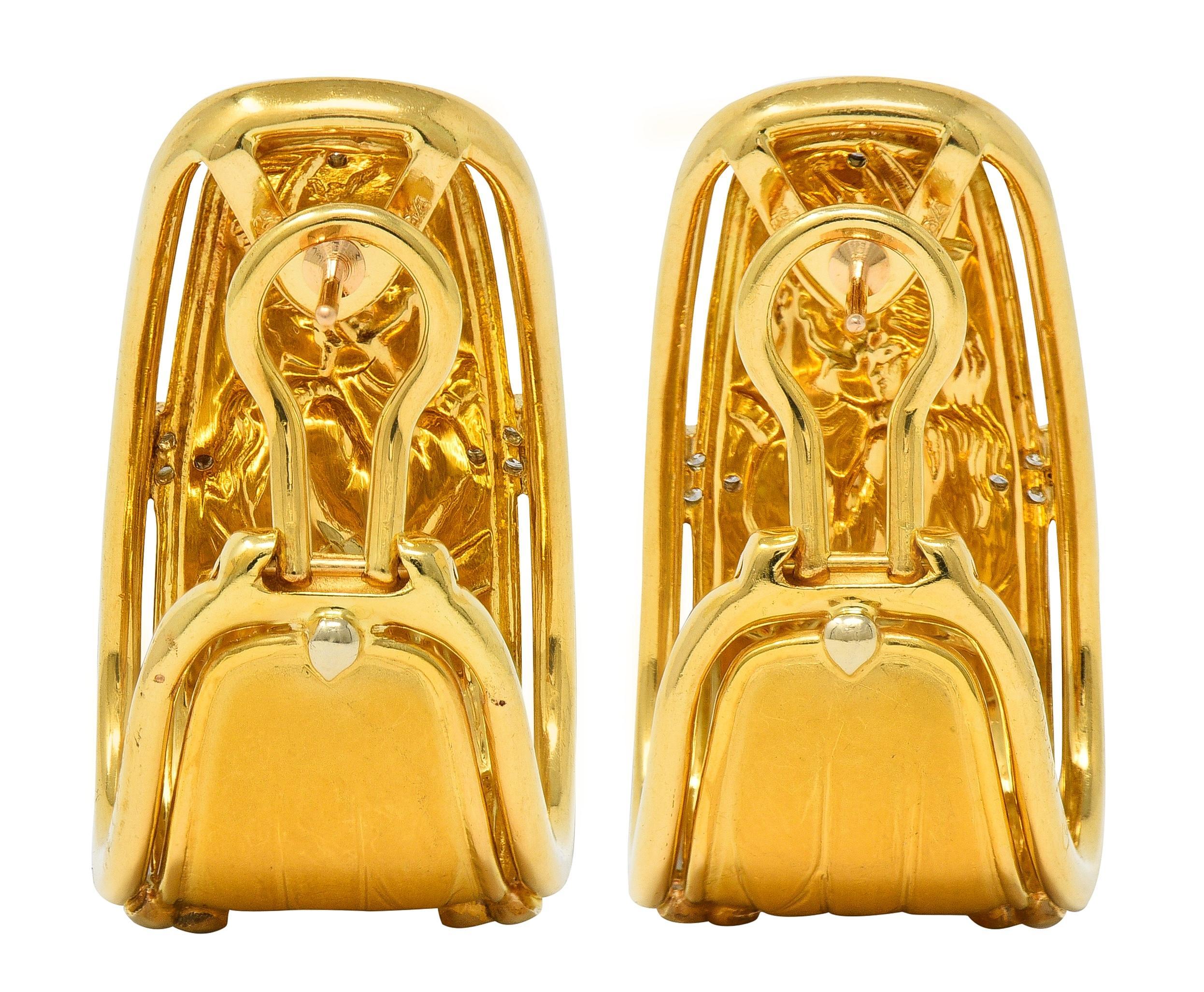 Carrera y Carrera 1990's Diamond 18K Gold Romeo & Juliet J-Hoop Vintage Earrings In Excellent Condition For Sale In Philadelphia, PA