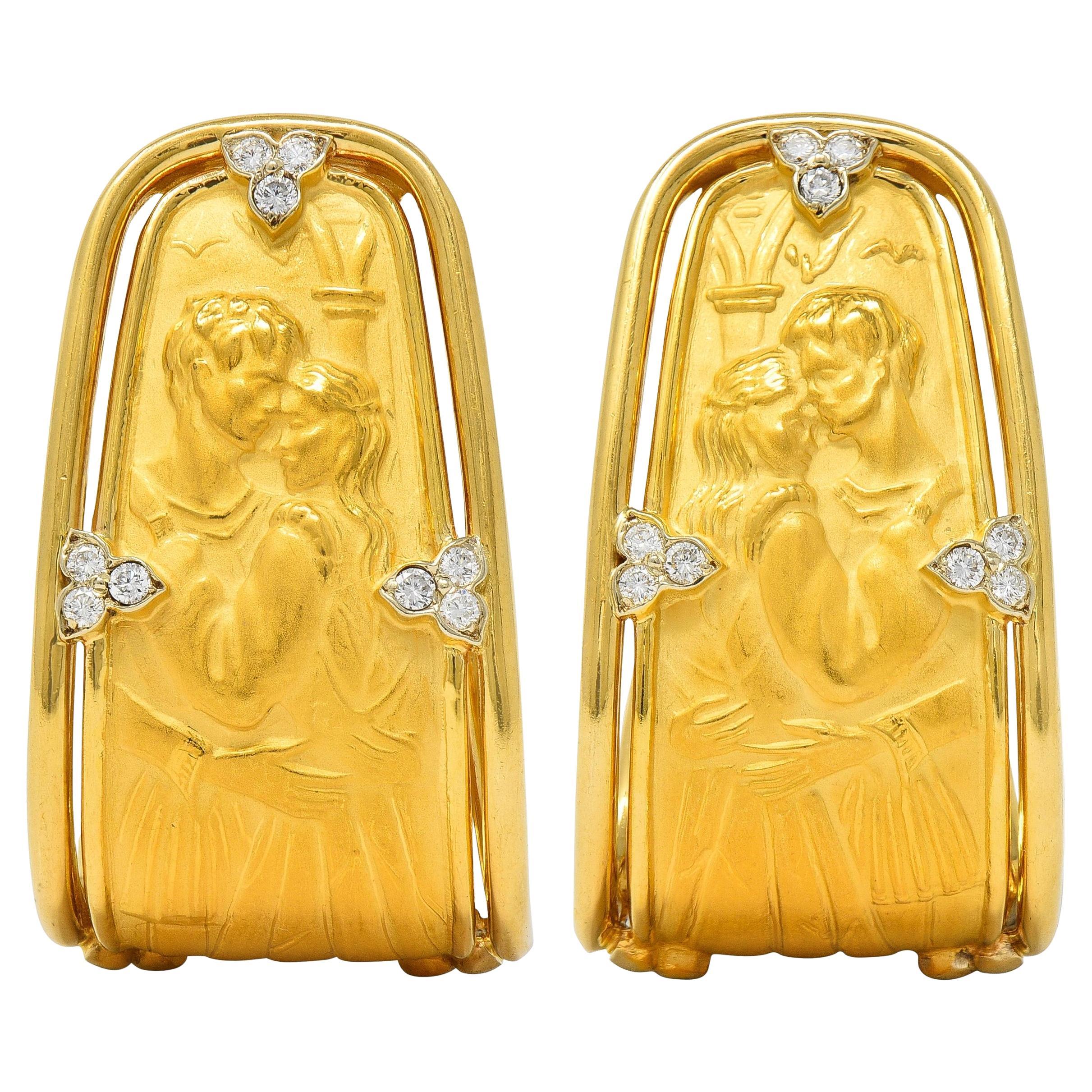 Carrera y Carrera 1990's Diamond 18K Gold Romeo & Juliet J-Hoop Vintage Earrings For Sale