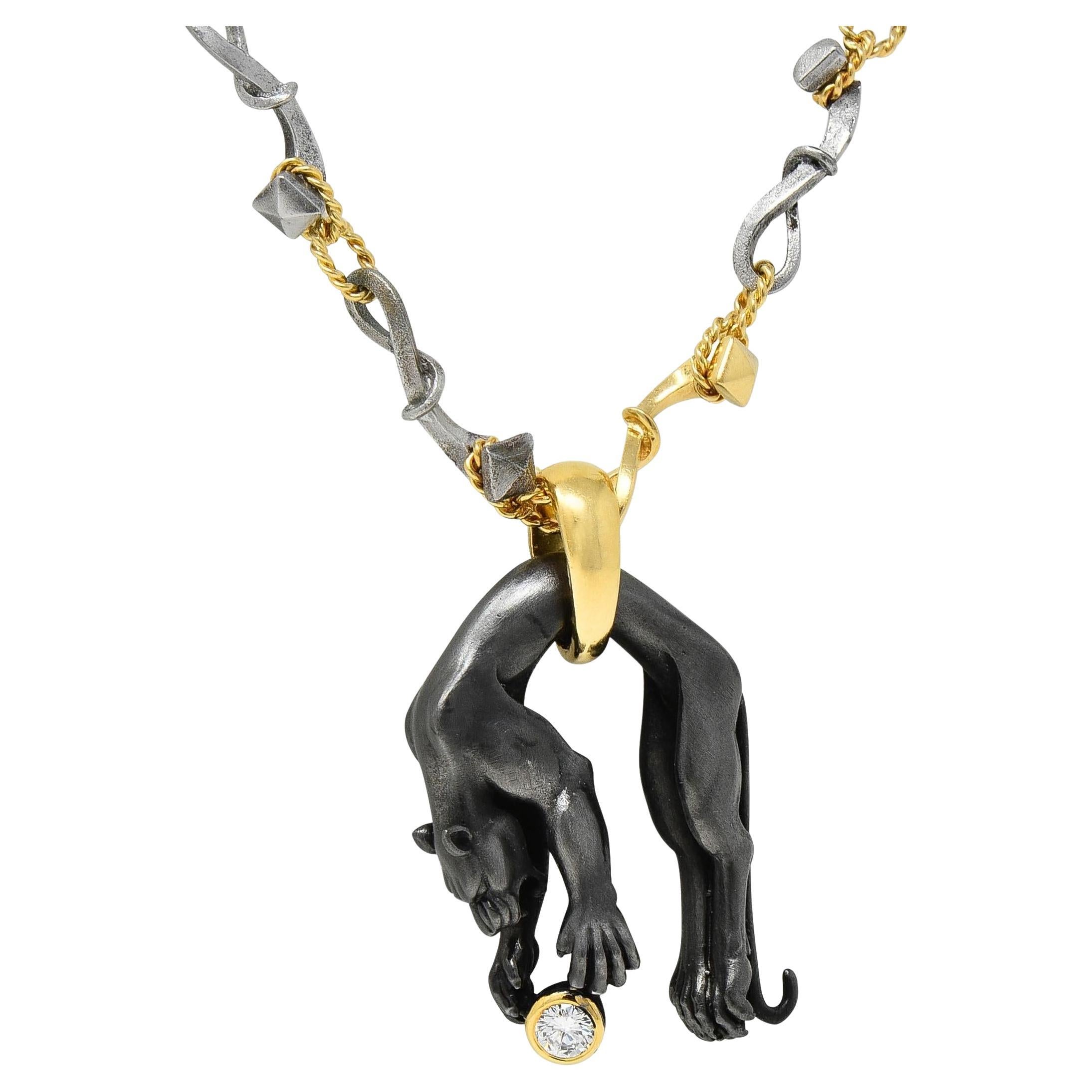 Carrera y Carrera 2000s Diamond Anodized Steel 18 Karat Gold Panther Necklace