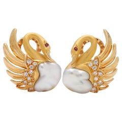 Carrera Y Carrera 2000's Diamond Pearl Ruby 18K Gold Contemporary Swan Earrings