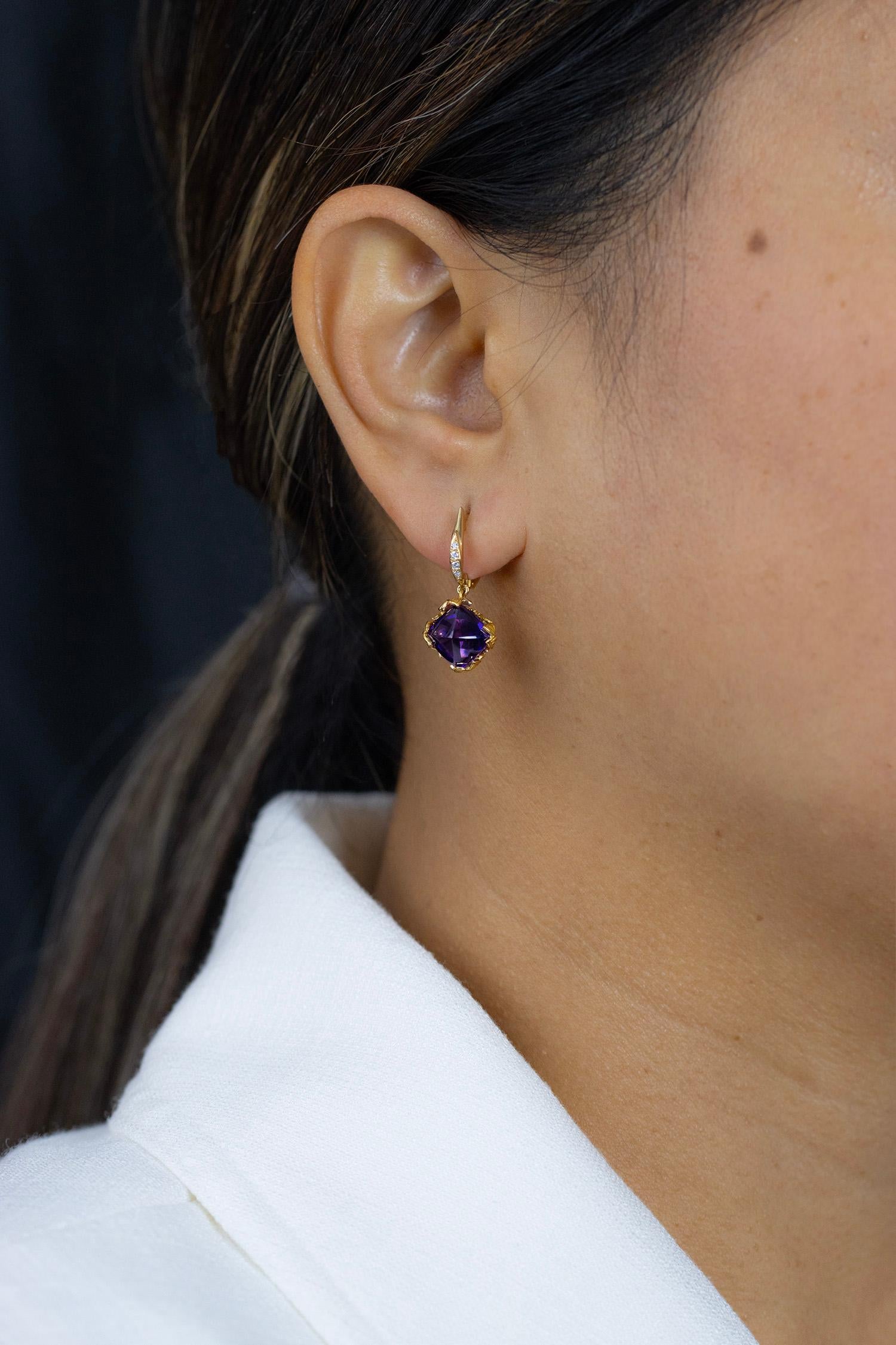 Sugarloaf Cabochon Carrera y Carrera 5.53 Carats Total Sugarloaf Amethyst with Diamond Lia Earrings For Sale