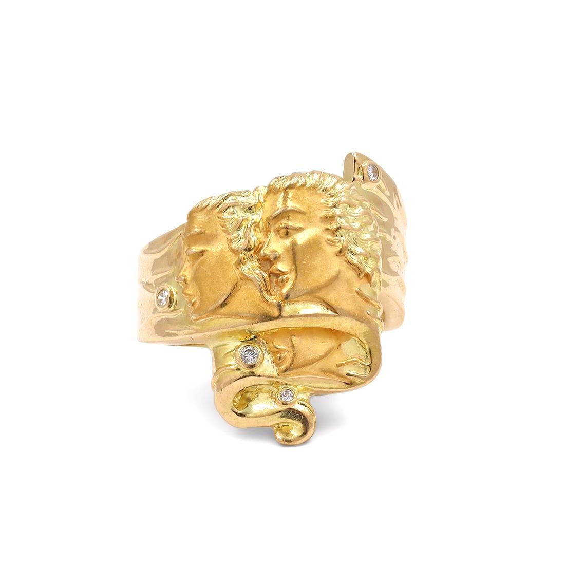 Authentic Carrera Y Carrera Adam and Eve ring crafted in 18 karat yellow gold accented by 4 round cut diamonds. The motif is inspired by Adam and Eve. The ring measures 21mm in length and the band is 3.3mm wide. Ring size 7 US, 55 EU. The ring is