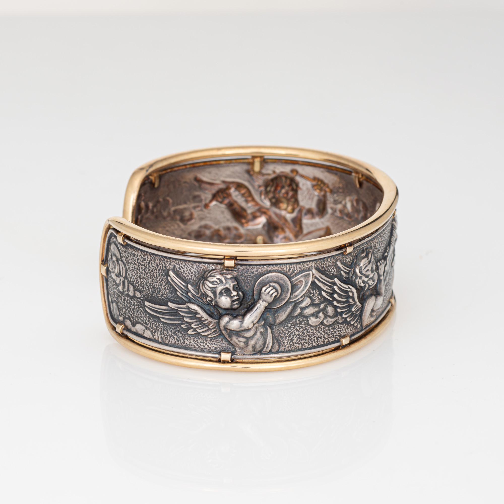 Estate Carrera y Carrera angels bracelet crafted in sterling silver & 18 karat yellow gold.  

The beautifully detailed bracelet highlights charming winged angels playing musical instruments, meticulously crafted in sterling silver and bordered with