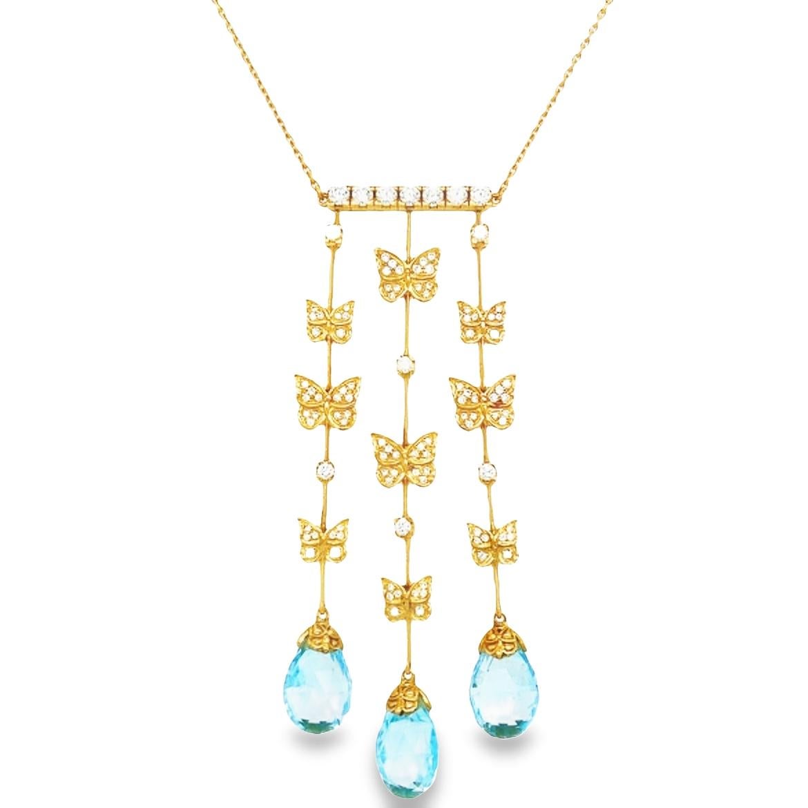      Beautiful necklace and earring set crafted by famed designer Carrera Y Carrera. The set is crafted in 18k yellow gold and is from the Butterfly collection. The set shows a butterfly theme as diamond and topaz gemstones highlight this one of a