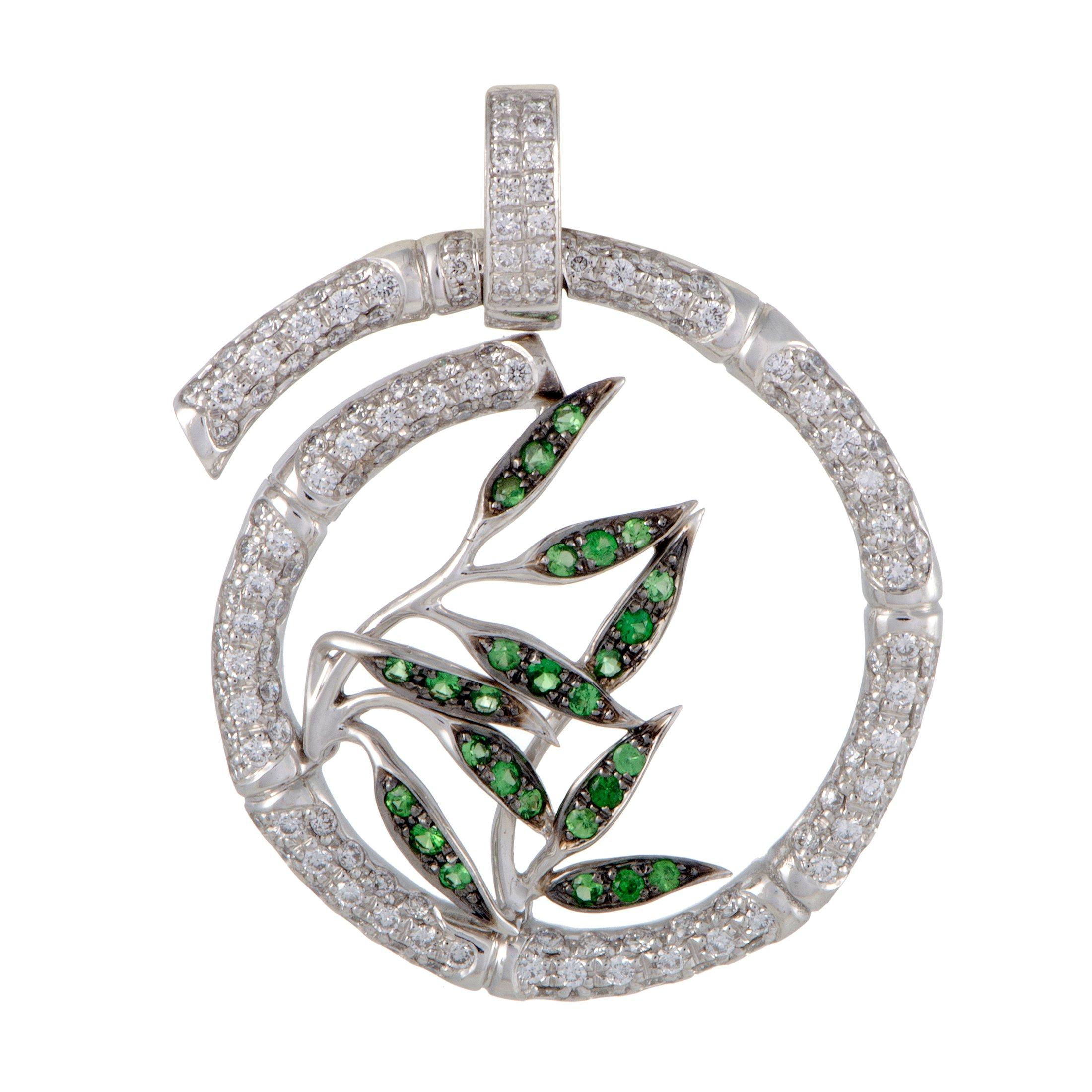 Round Cut Carrera y Carrera Bambú Diamond Pave and Tsavorite 18 Karat Gold Spiral Pendant