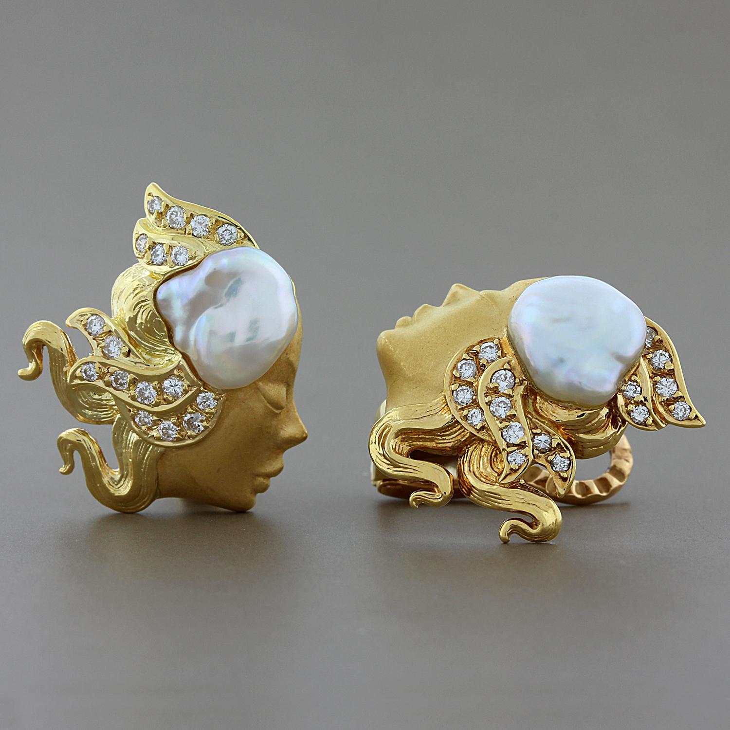 Sleeping Beauty!  GIA certified 18K yellow gold baroque pearl earrings by the famous Spanish designers Carrera y Carrera. Their style is unmistakable! The earrings have a brushed gold finish featuring a pair of matching lustrous freshwater baroque