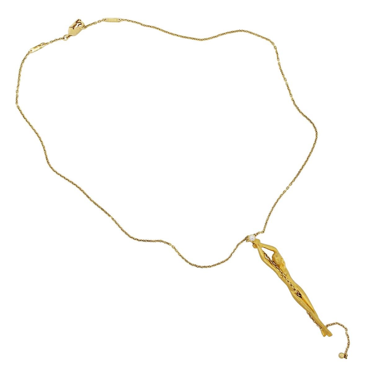Designer: Carrera Y Carrera
Material: 18k yellow gold
Diamond Details: Round brilliant diamond approximately 0.06ct.
Necklace Length: 17″ with 3.5
