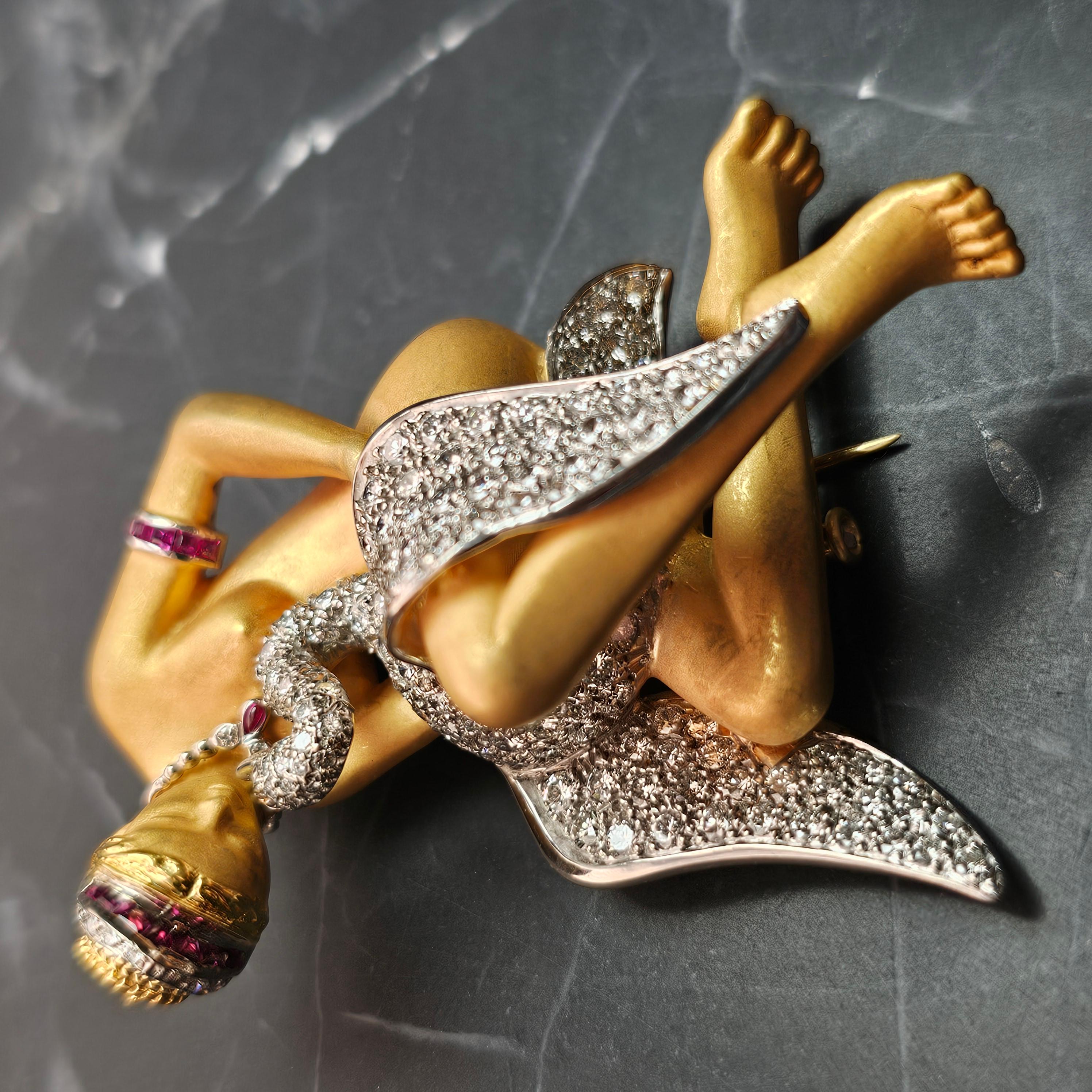 Carrera Y Carrera Brooch Pin Leda and the Swan diamond ruby 18k Yellow gold For Sale 5