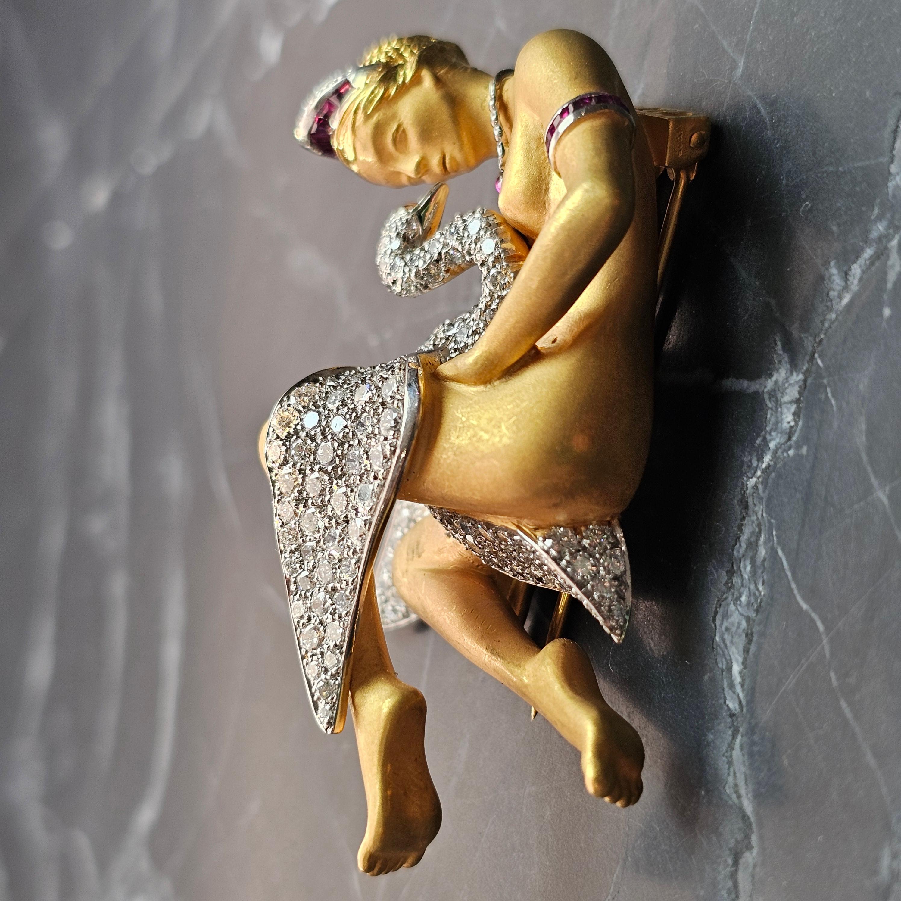 Women's or Men's Carrera Y Carrera Brooch Pin Leda and the Swan diamond ruby 18k Yellow gold For Sale