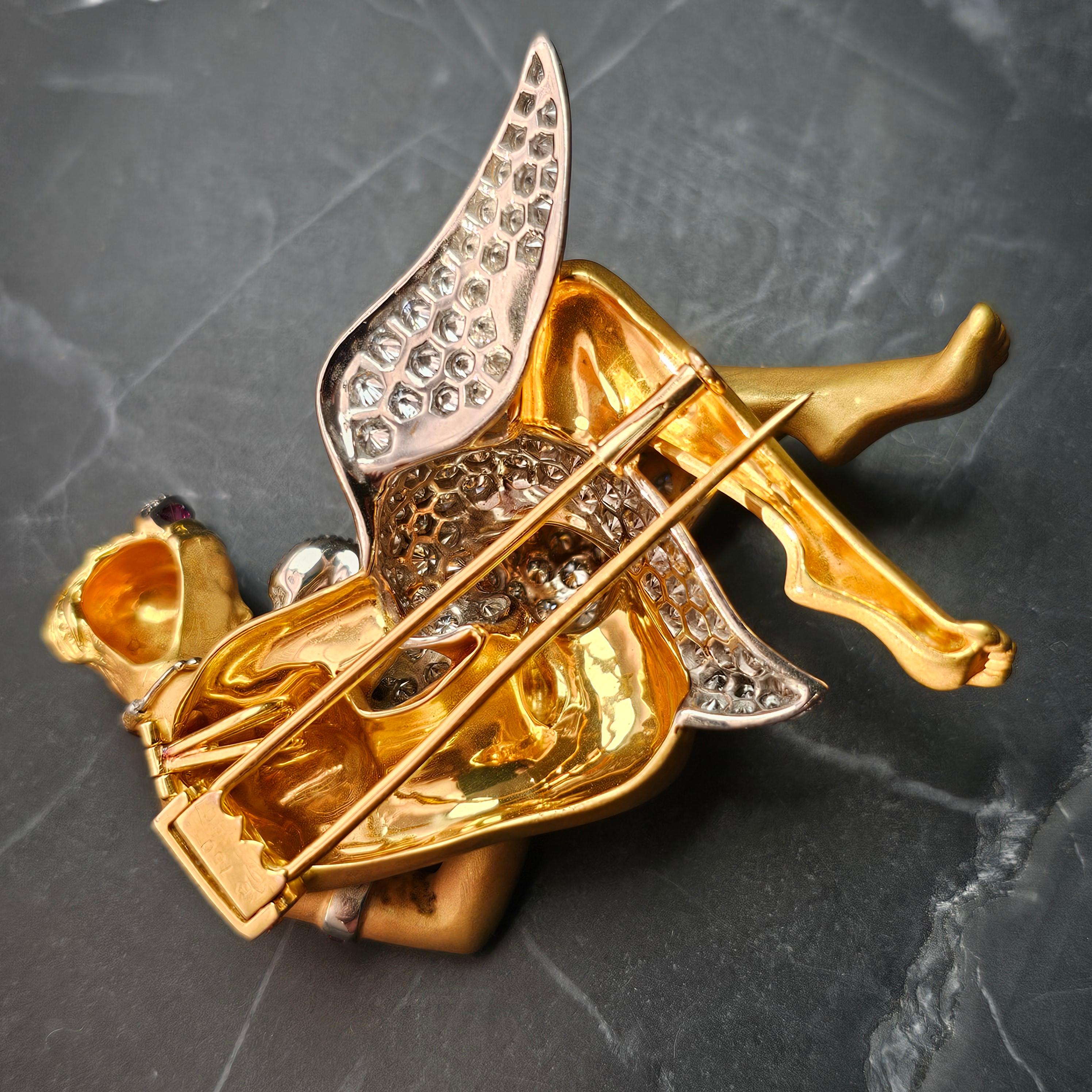 Carrera Y Carrera Brooch Pin Leda and the Swan diamond ruby 18k Yellow gold For Sale 2