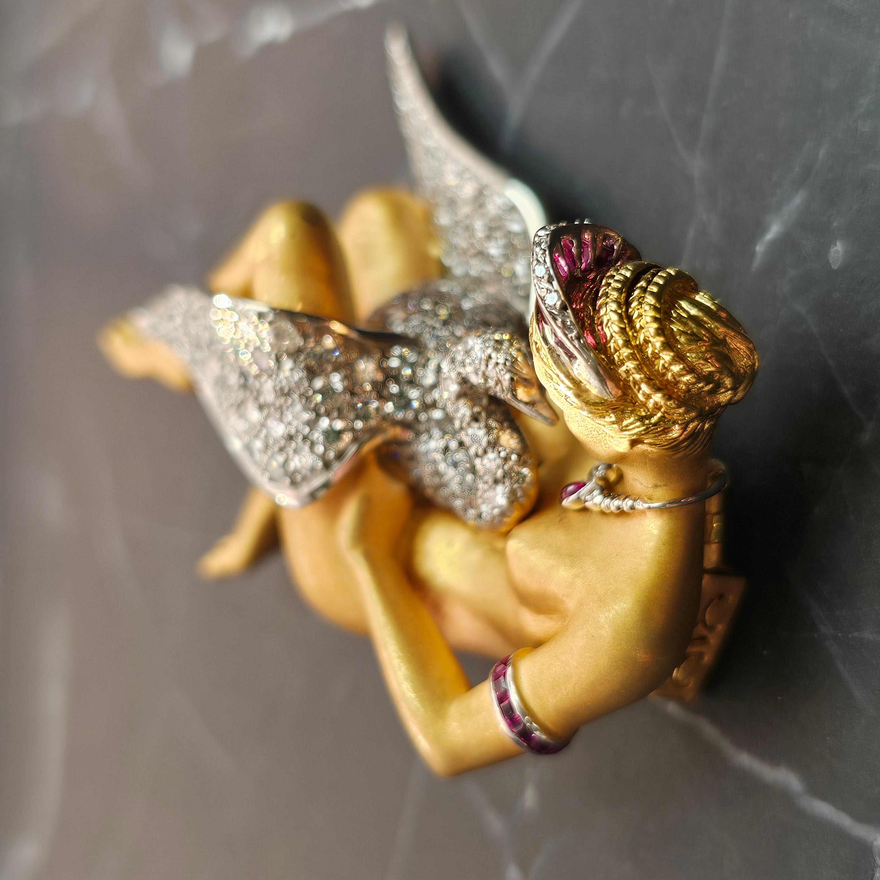 Carrera Y Carrera Brooch Pin Leda and the Swan diamond ruby 18k Yellow gold For Sale 3