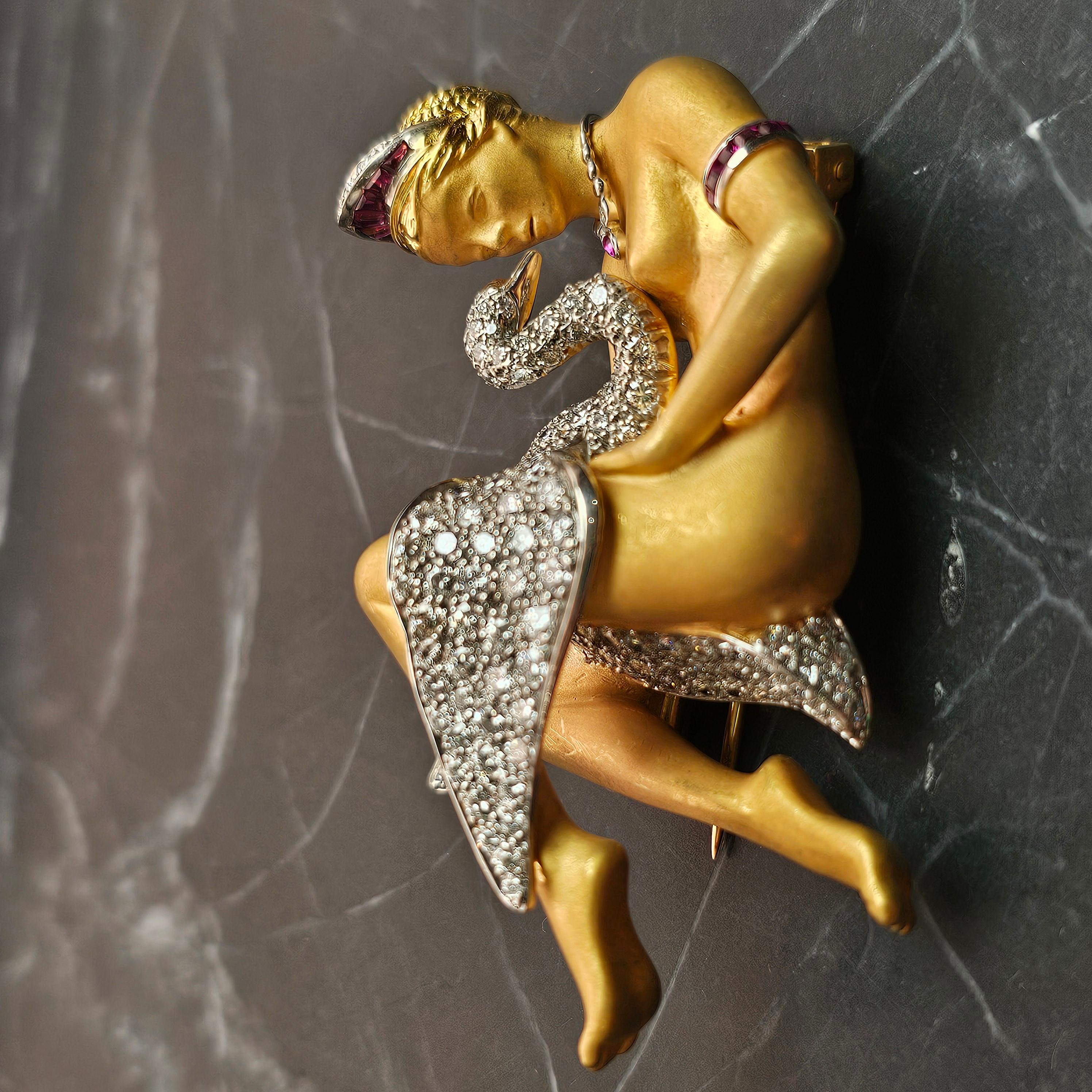 Carrera Y Carrera Brooch Pin Leda and the Swan diamond ruby 18k Yellow gold For Sale 4