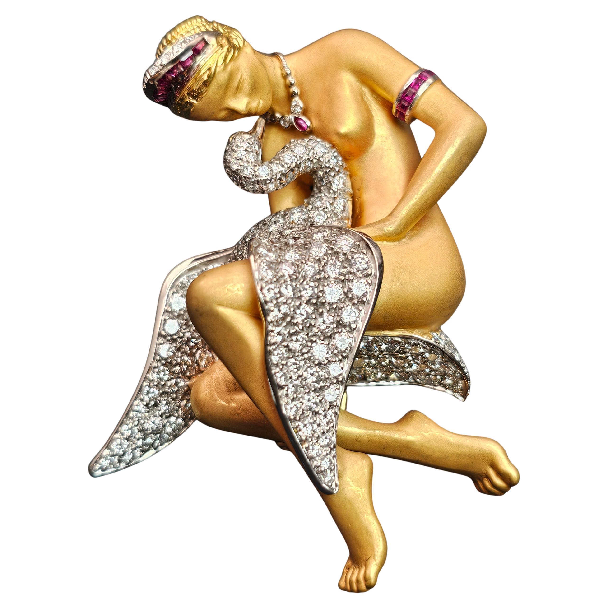 Carrera Y Carrera Brooch Pin Leda and the Swan diamond ruby 18k Yellow gold