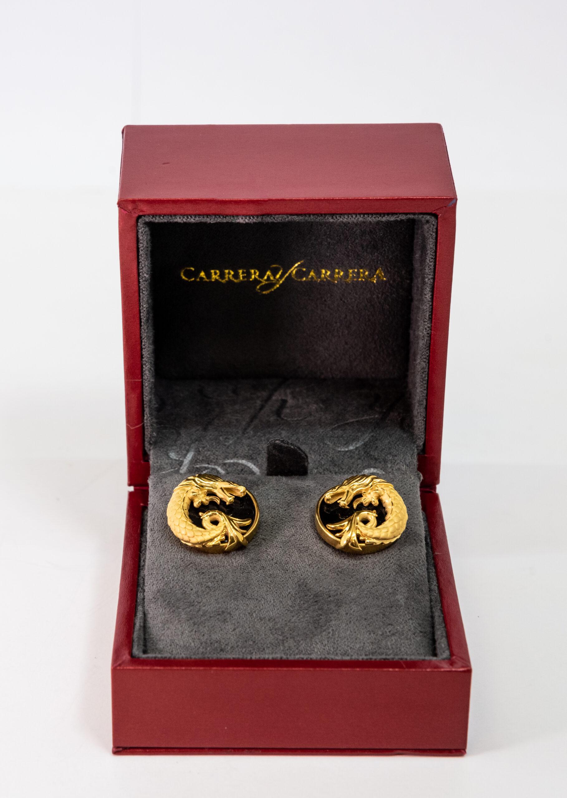 Carrara Y Carrara Circles of Fire 18k Yellow Gold and Onyx Cufflinks, 10076462 In New Condition For Sale In North Miami Beach, FL
