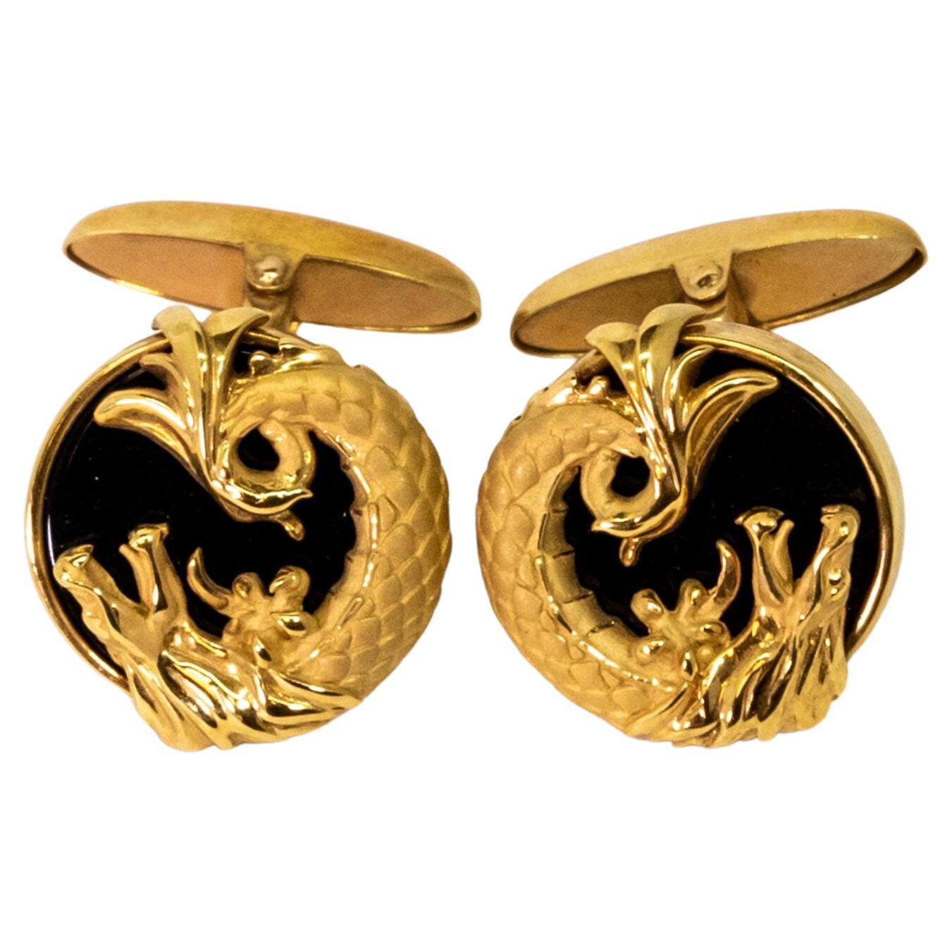 Carrara Y Carrara Circles of Fire 18k Yellow Gold and Onyx Cufflinks, 10076462 For Sale