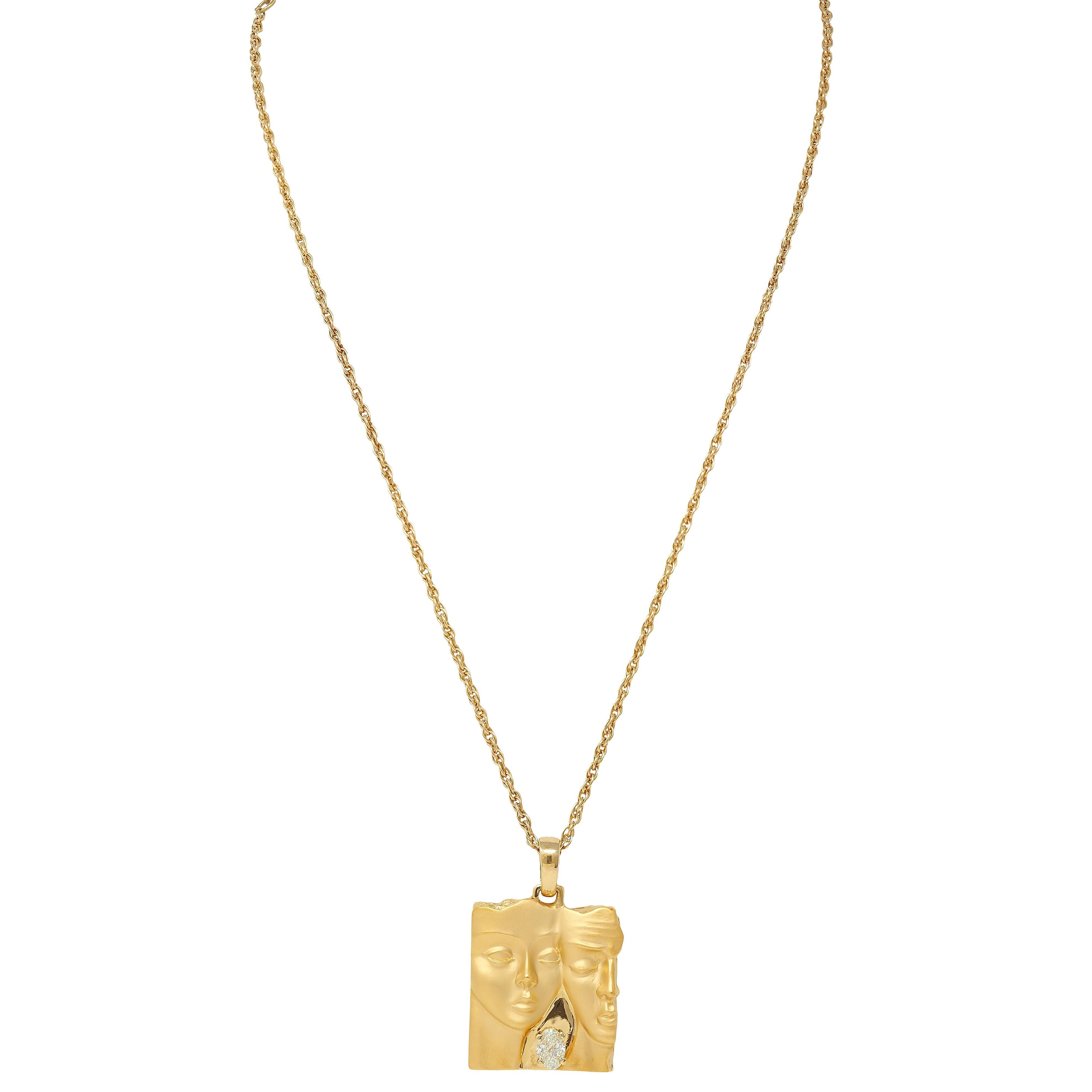 Oval Cut Carrera y Carrera Diamond 18 Karat Yellow Gold Adam & Eve Pendant Necklace For Sale