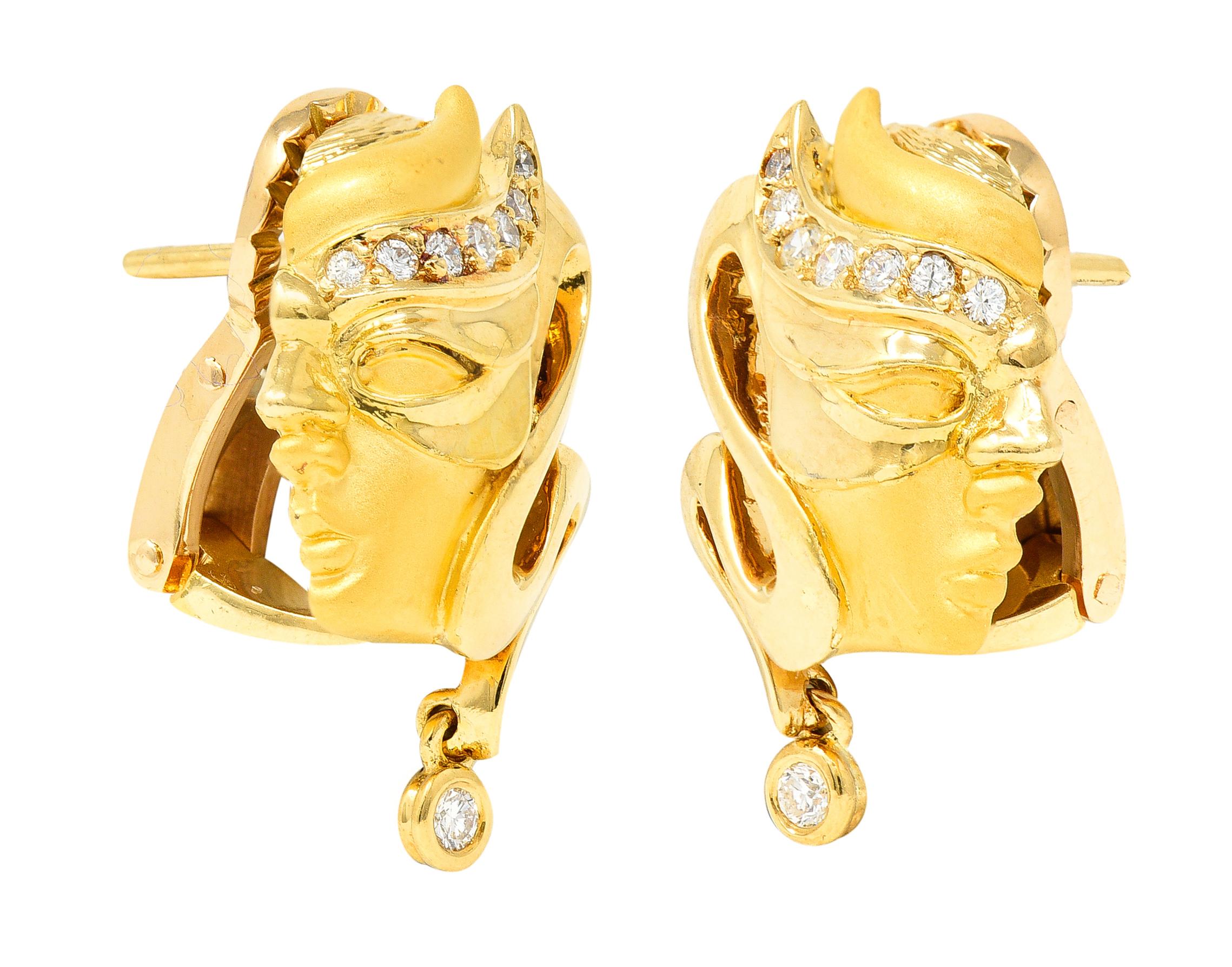 Round Cut Carrera Y Carrera Diamond 18 Karat Yellow Gold Masquerade Mask Vintage Earrings For Sale