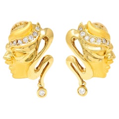 Pendientes Carrera y Carrera Diamante Oro Amarillo 18 Kilates Máscara de Mascarada Vintage