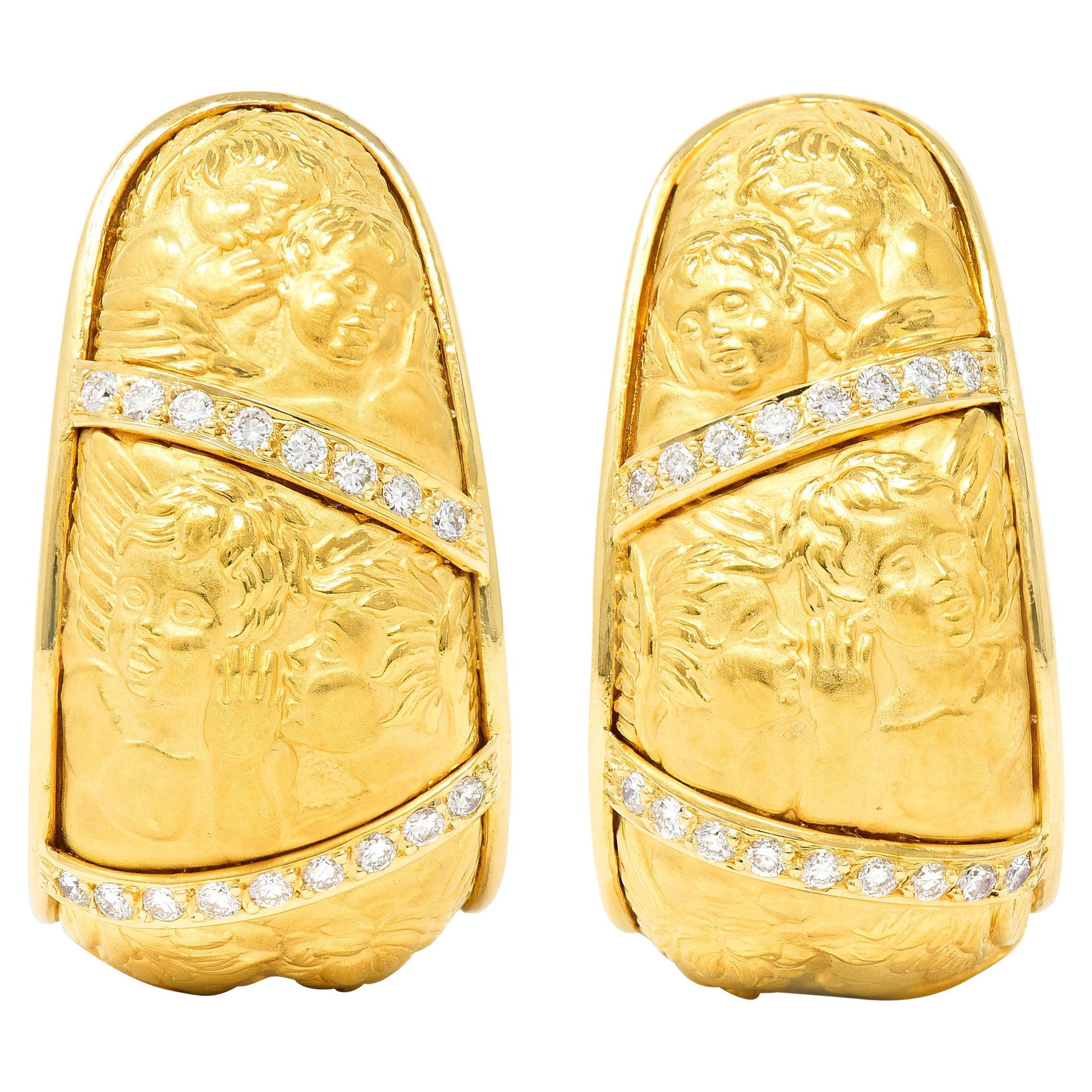 Carrera y Carrera Diamond 18 Karat Yellow Gold Repoussé Cherub J Hoop Earrings