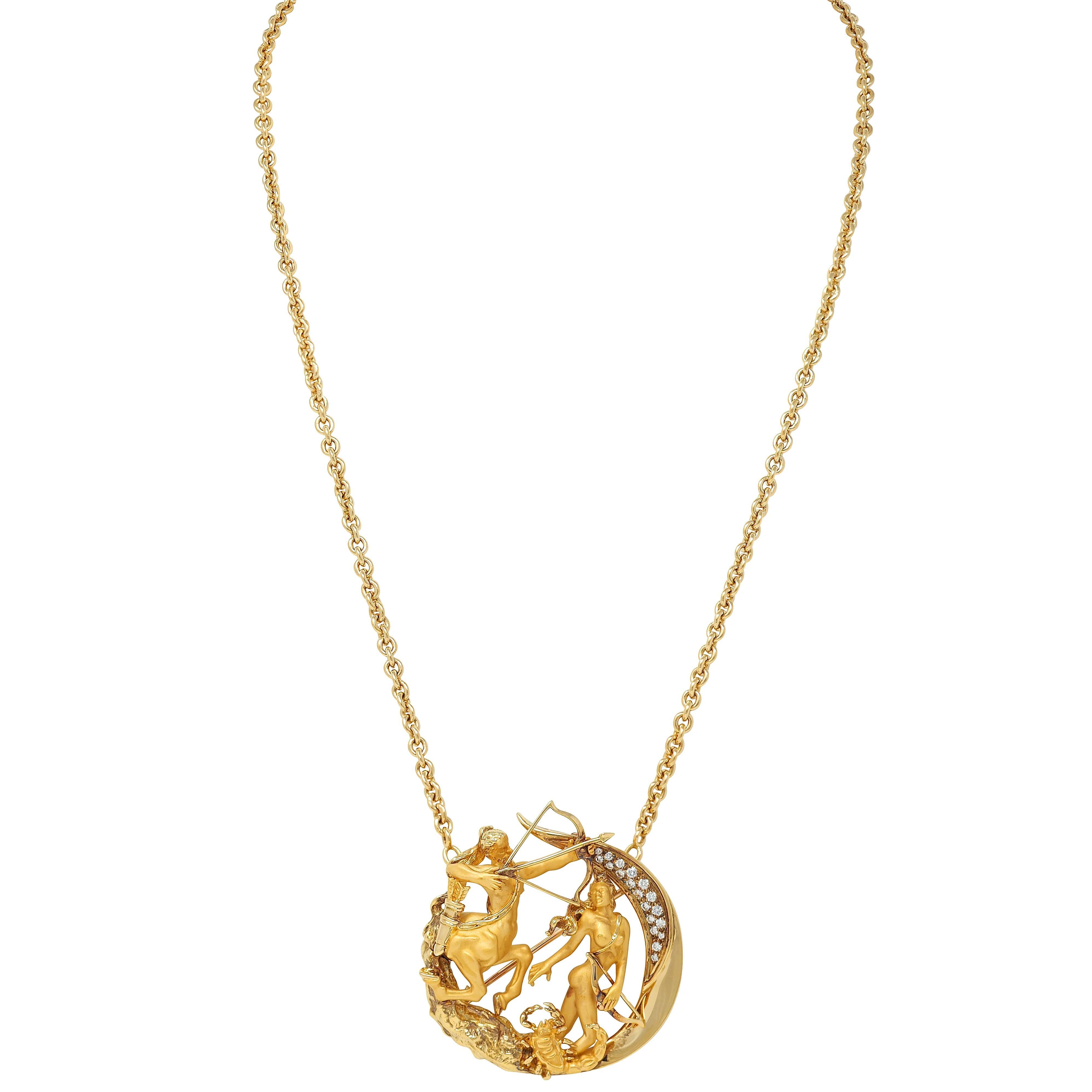 Women's or Men's Carrera y Carrera Diamond 18 Karat Yellow Gold Sagittarius Necklace Brooch For Sale
