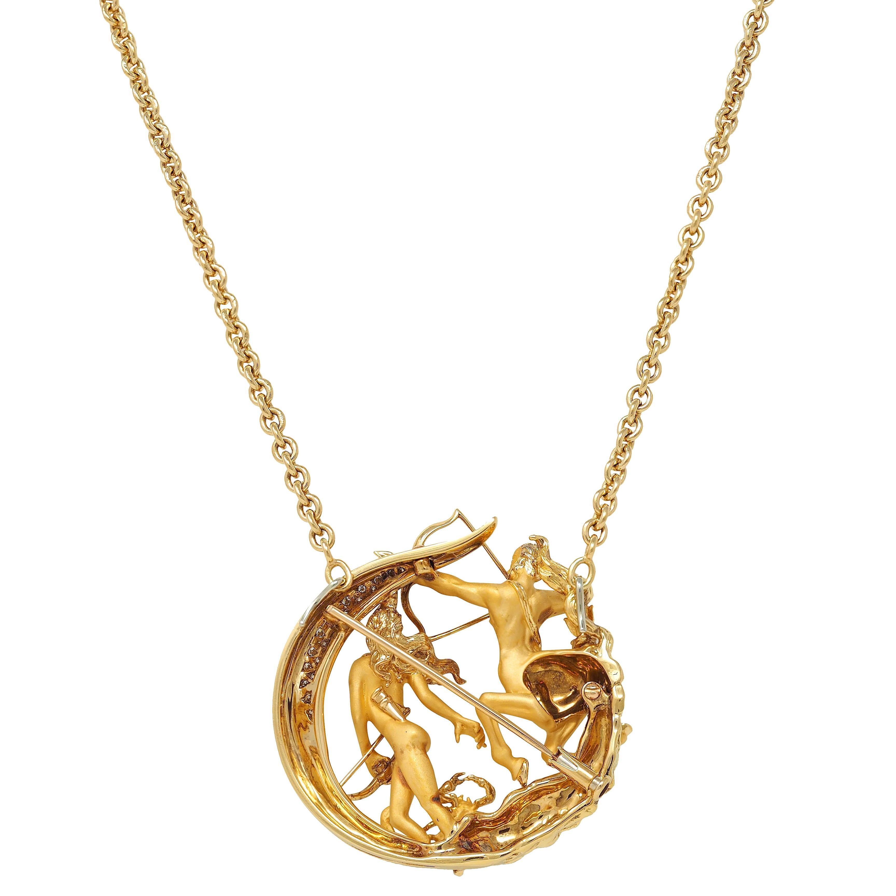 Carrera y Carrera Diamond 18 Karat Yellow Gold Sagittarius Necklace Brooch For Sale 2