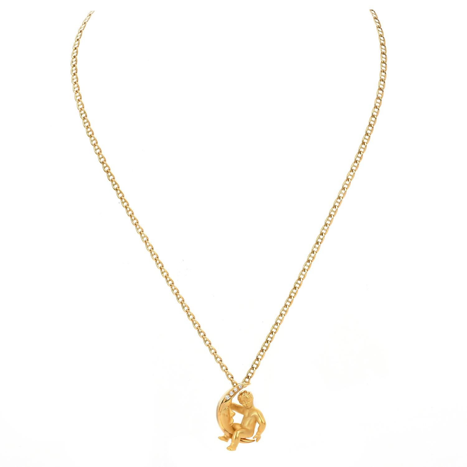 An exquisite Moon & Child-inspired piece from Carrera & Carrery in Spain.

This adorable pendant is crafted in solid 18K Yellow Gold.

The moon is accented with (4) Round cut, genuine Diamonds, Weighing approx. 0.08 carats,  G-H color & -